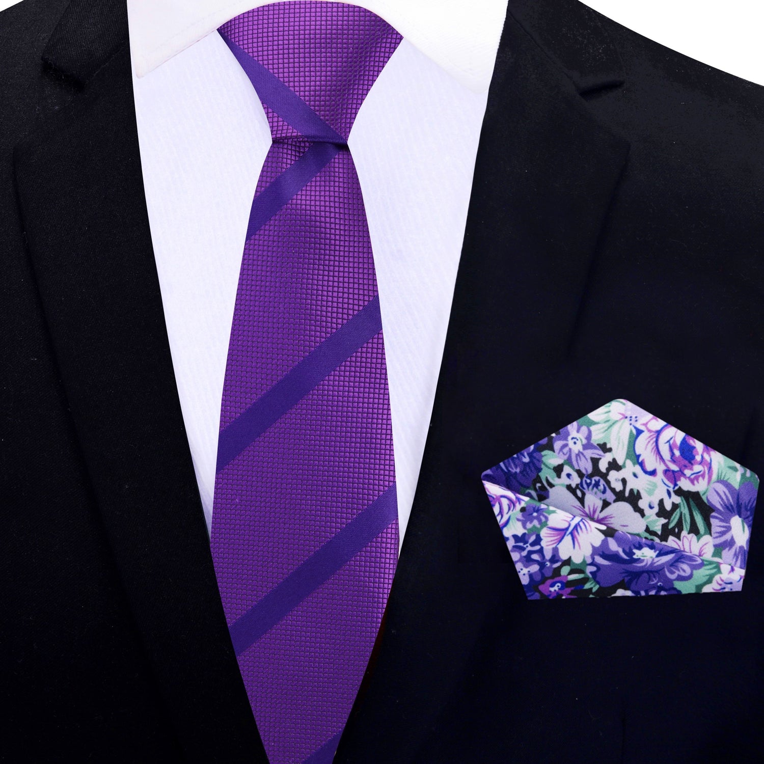 Thin Tie: Violet Purple Stripe Necktie and Accenting White and Purple Floral Pocket Square