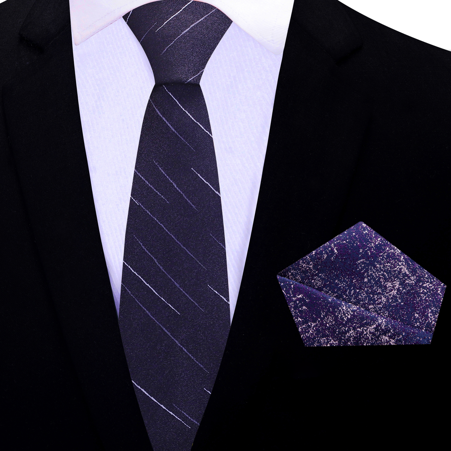 Thin purple striped tie and accenting pocket square
