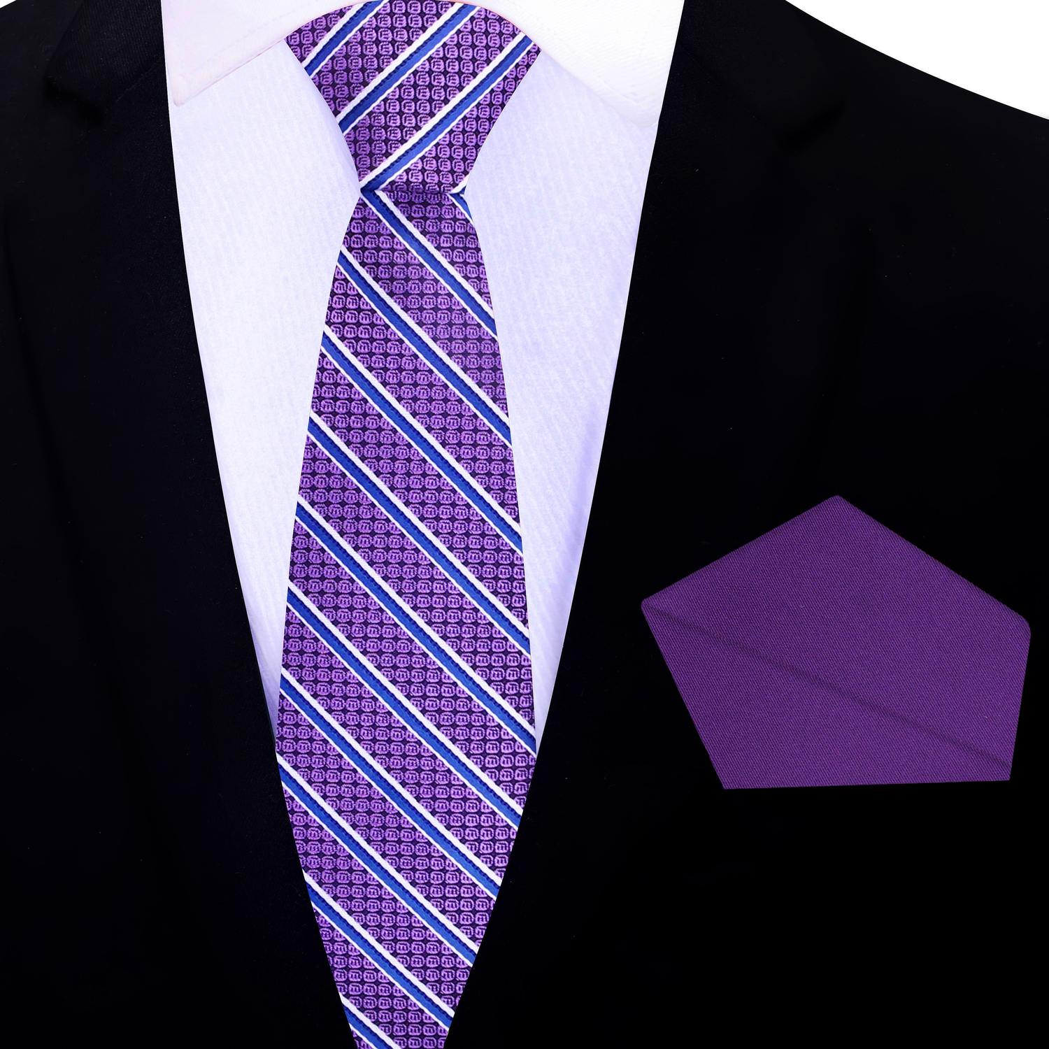 Purple striped thin tie and purple pocket square on a black suit jacket.