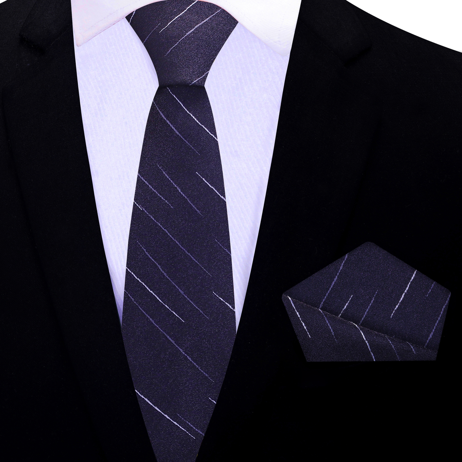 Thin purple striped tie, and matching pocket square