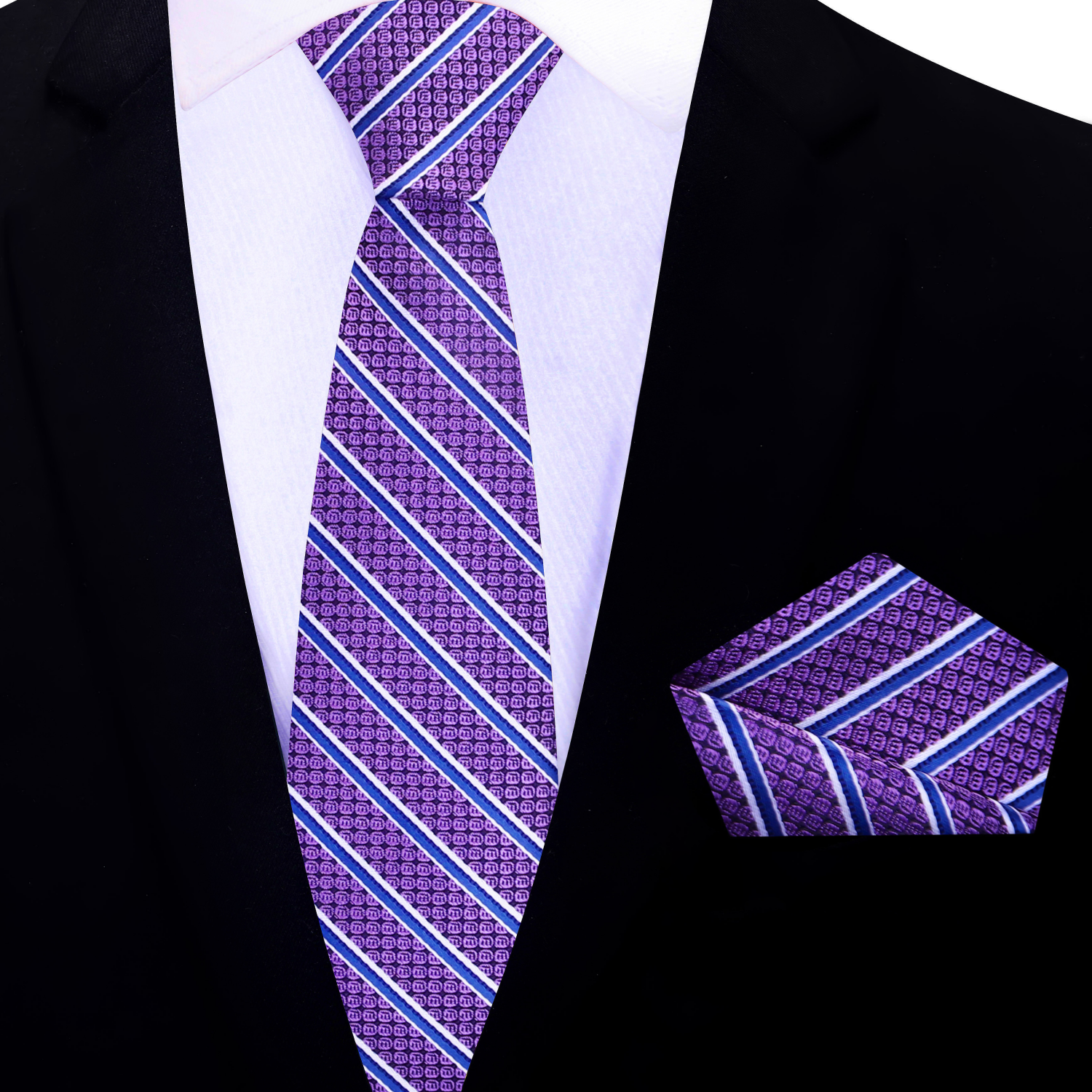 Purple striped THIN tie and matching pocket square on a black suit jacket.