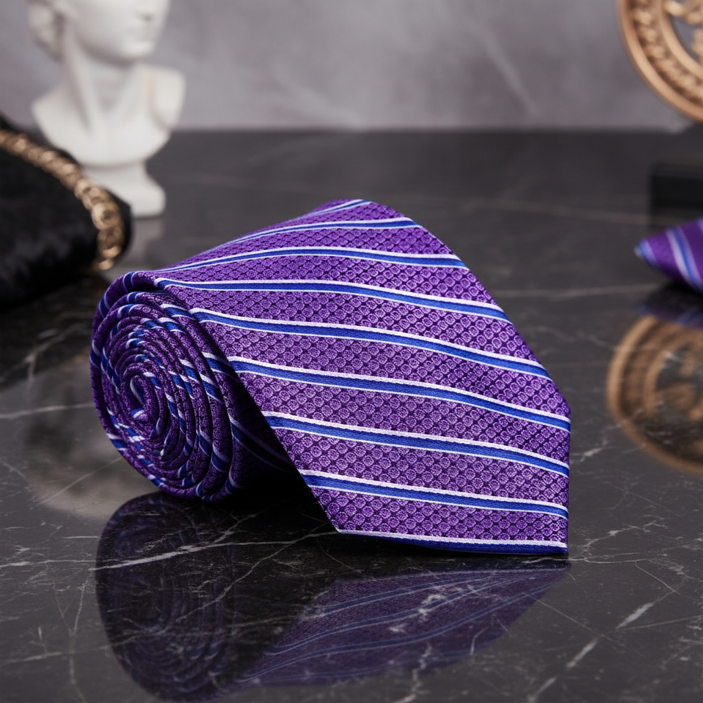 Purple and blue striped tie on a dark surface