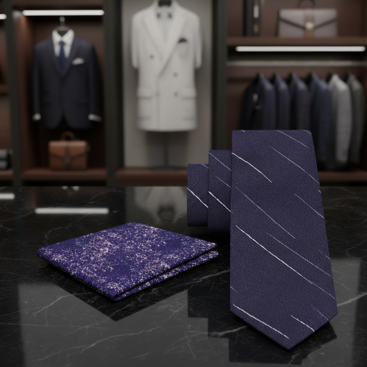 alt purple striped tie and accenting pocket square