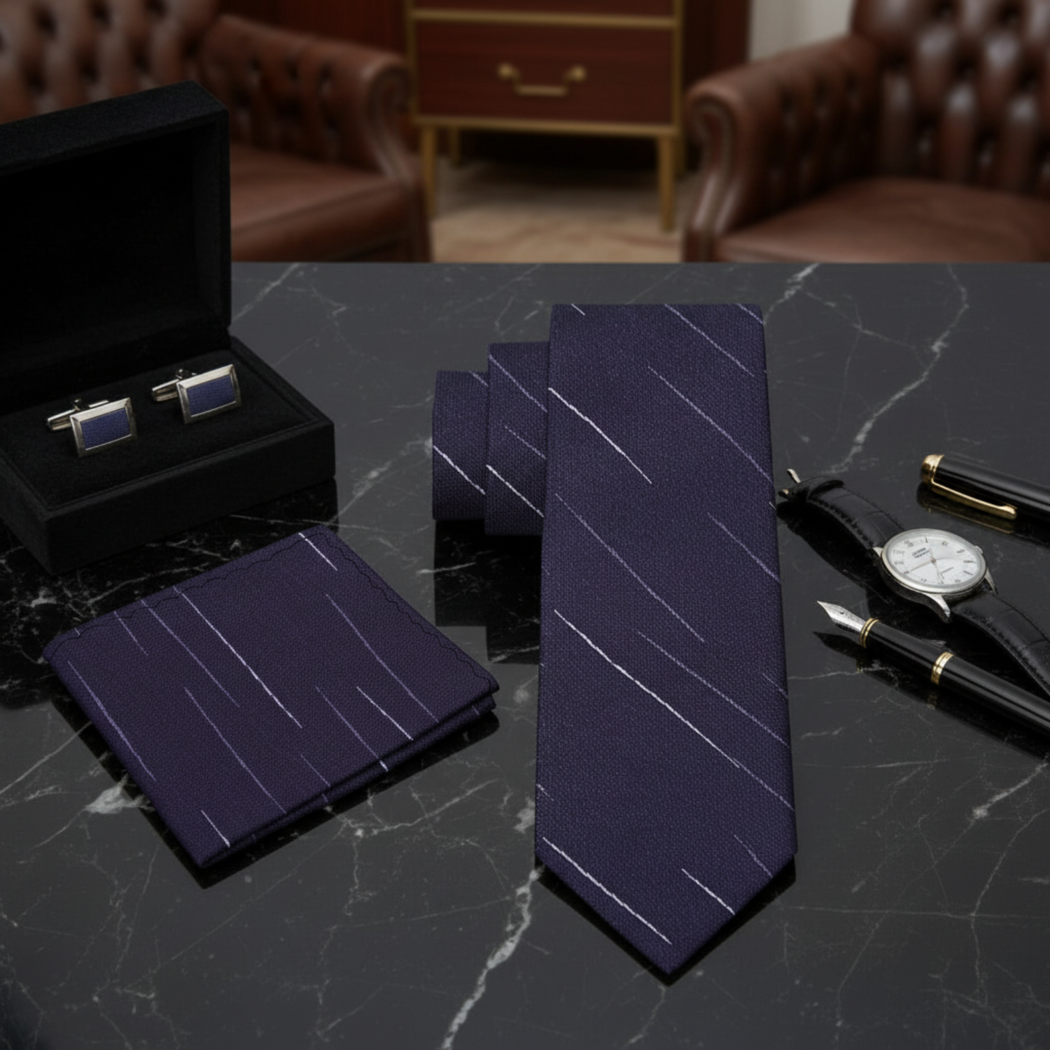 Alt purple striped tie, and matching pocket square