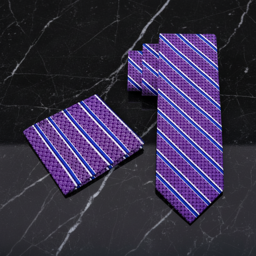 Purple and blue striped tie and pocket square set on a marble background