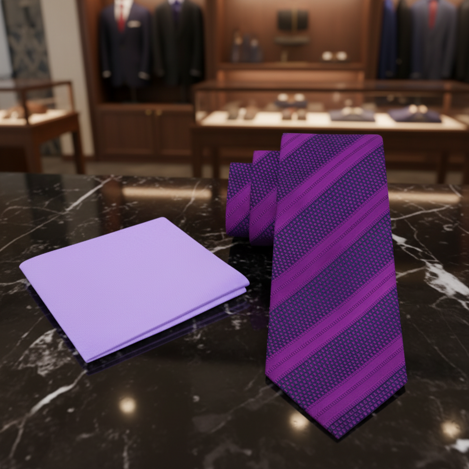 Alt view Purple striped tie and Light Purple Square