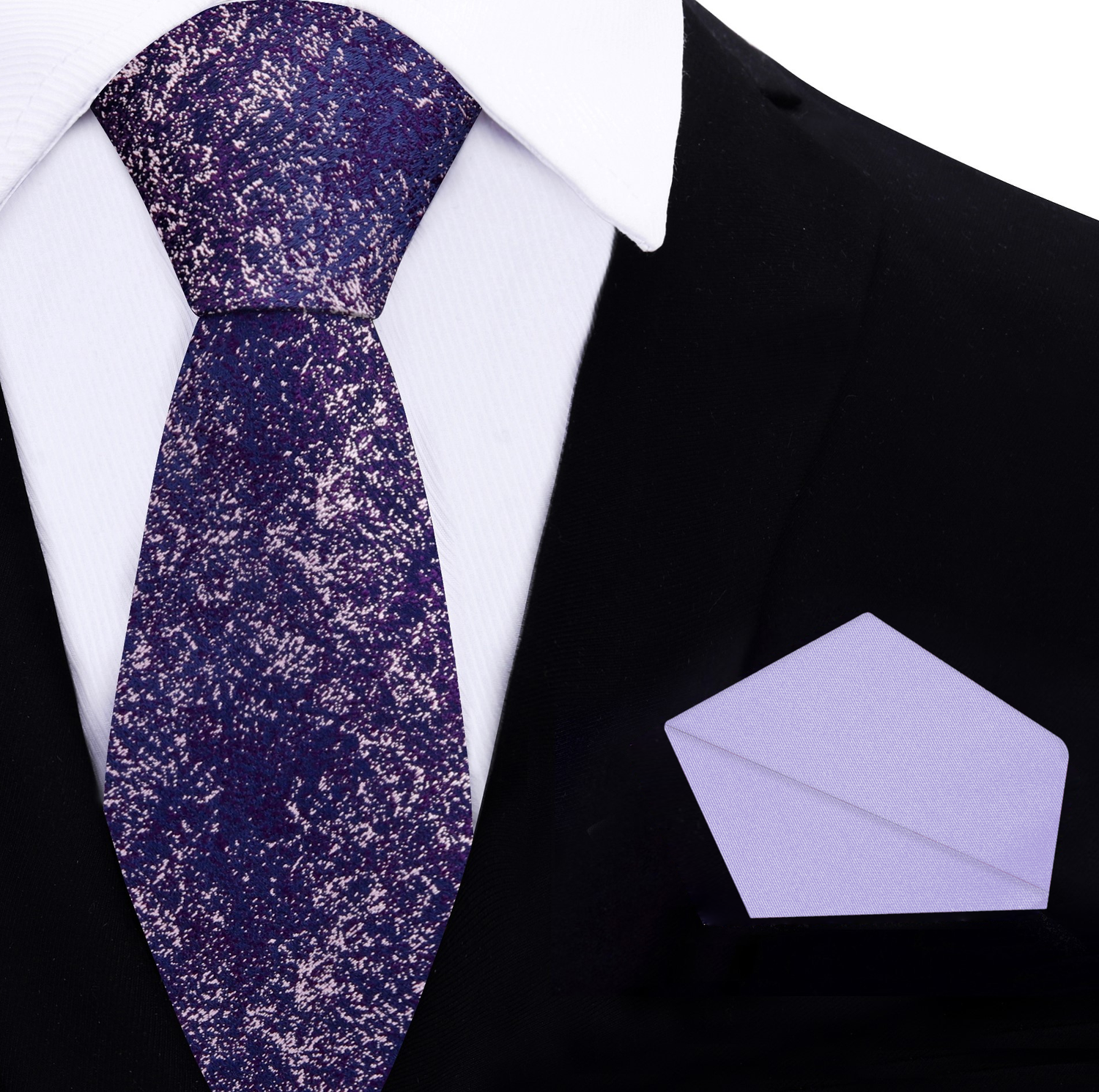 Purple patterned thin tie and light purple square on a black suit jacket.