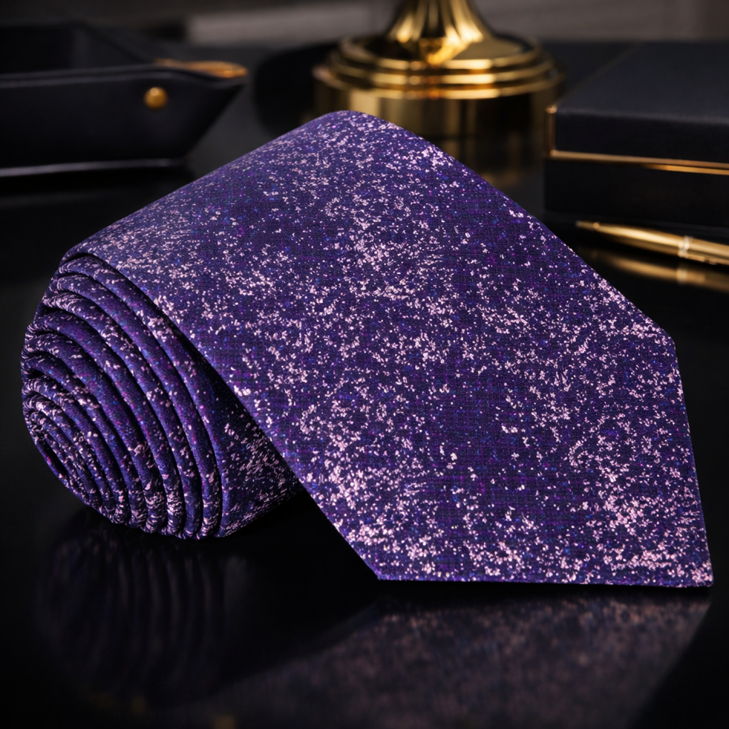 Roll of purple glittery paper on a reflective black surface with gold accents in the background.