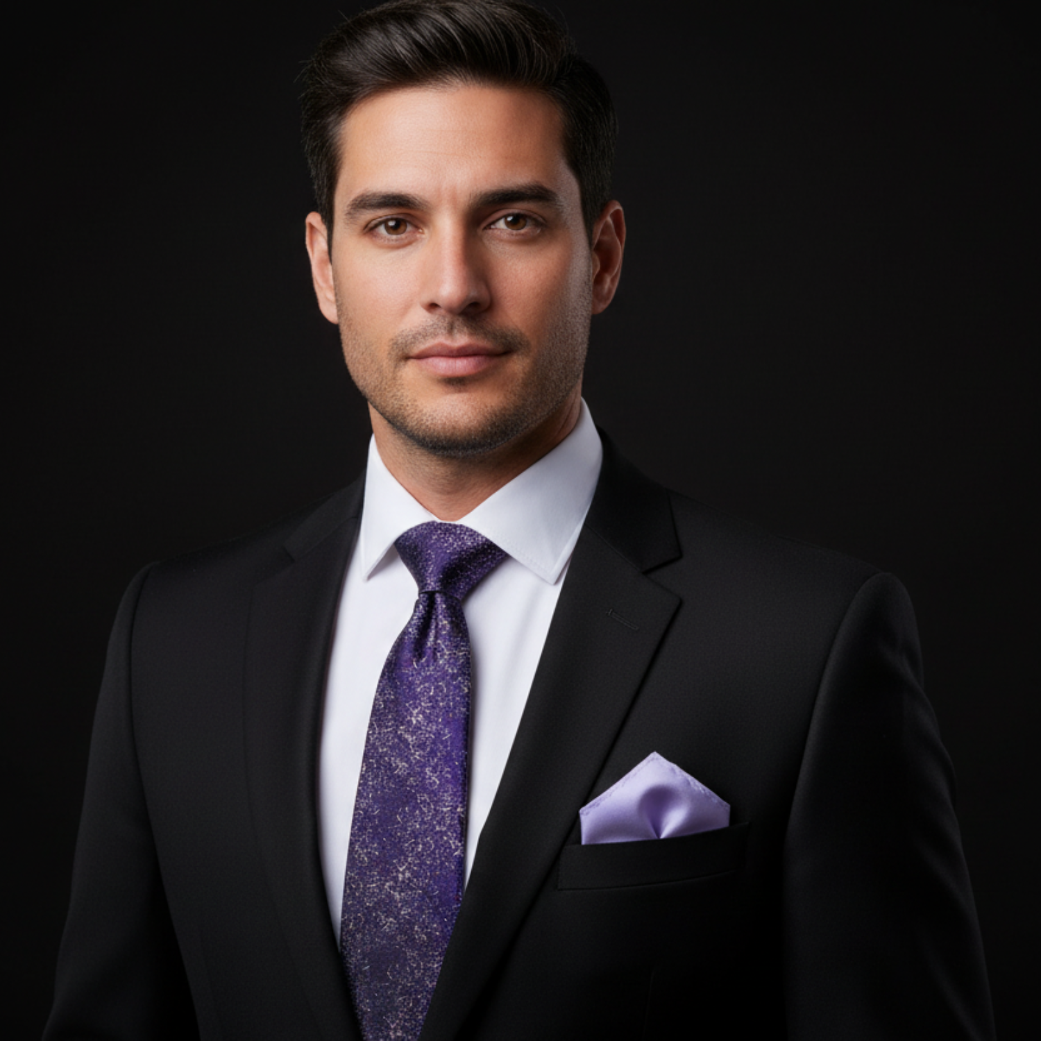 Man wearing a black suit with a purple tie and pocket square on a black background