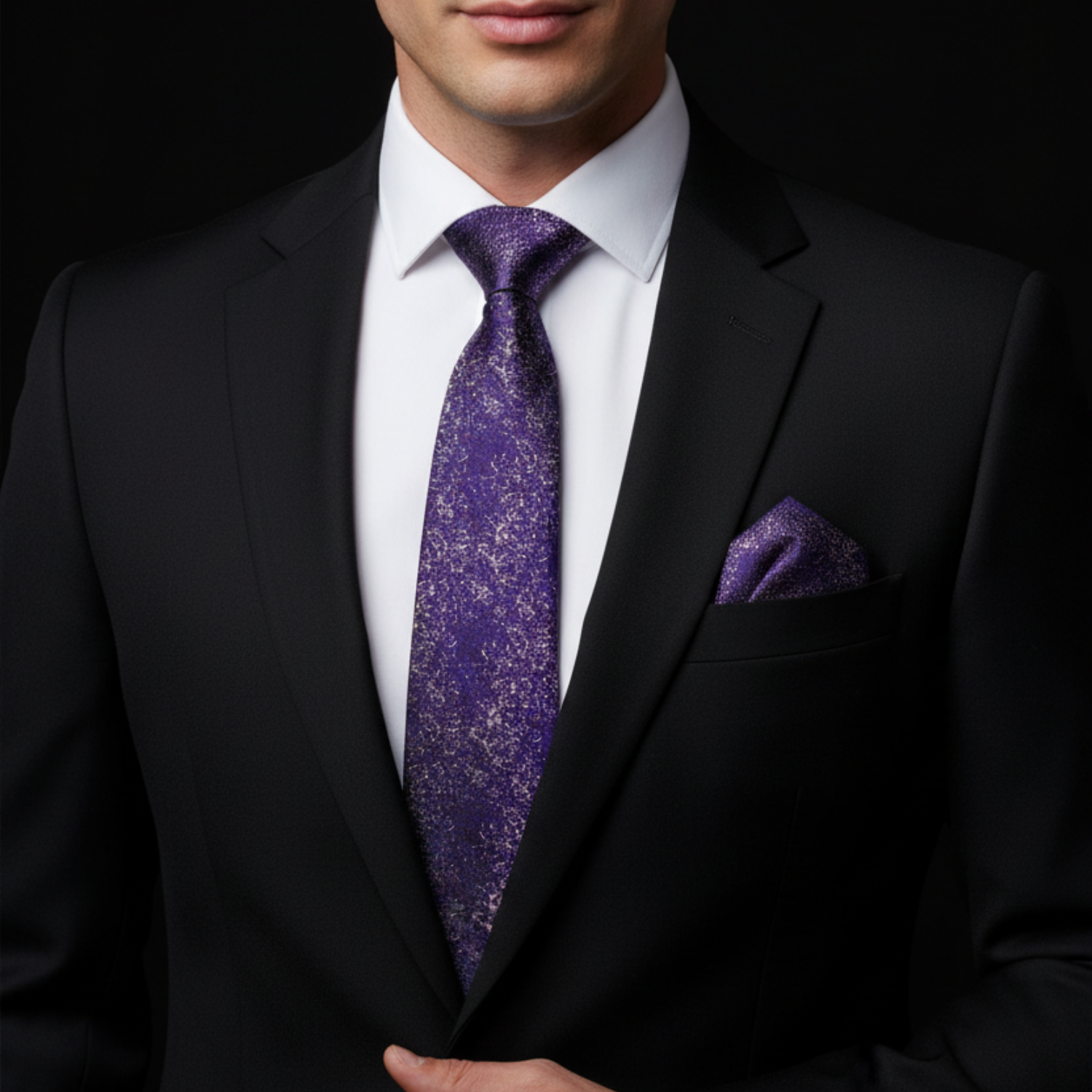 Man wearing a black suit with a purple tie and pocket square on a dark background