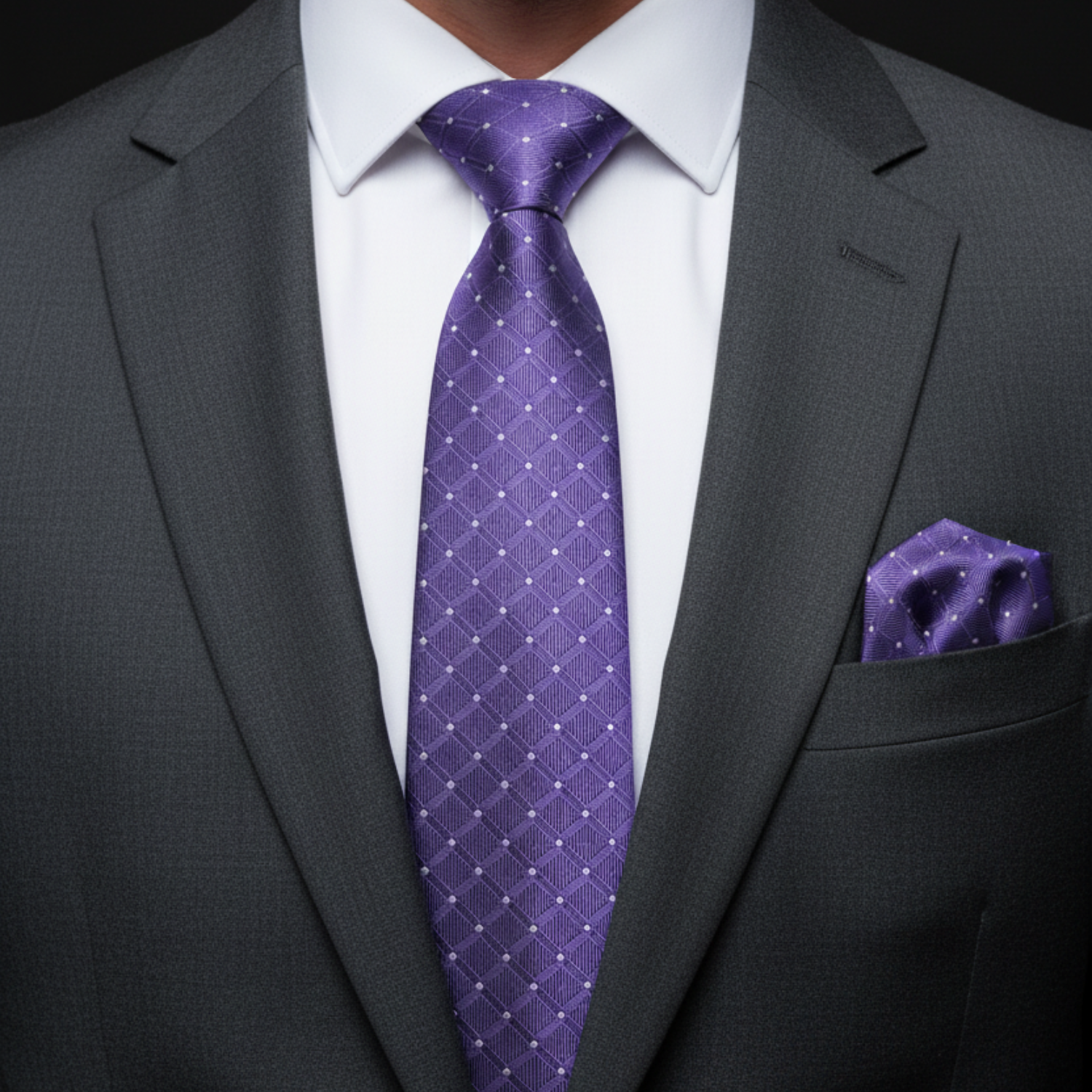 Gray suit with a purple tie and matching pocket square on a black background