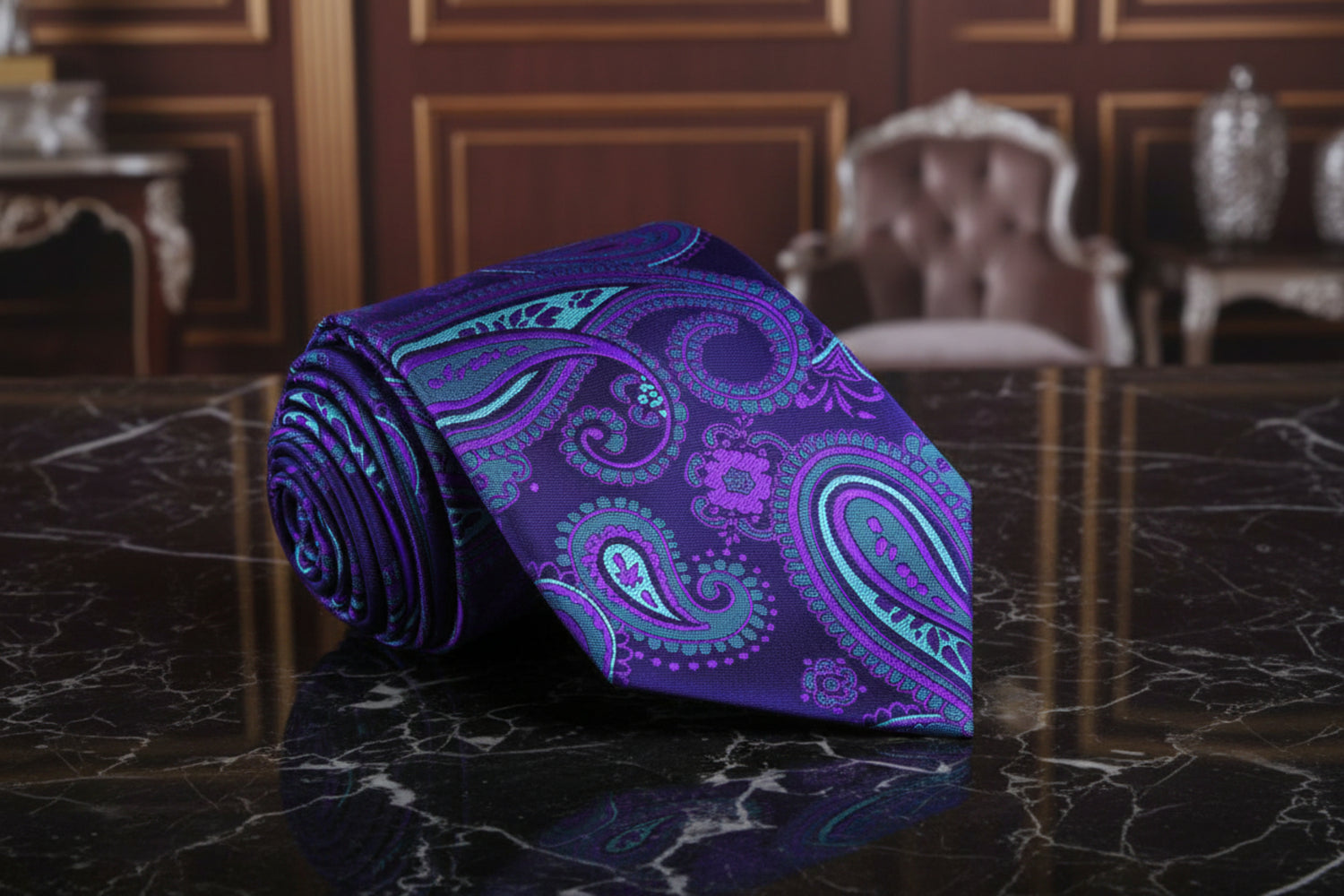 A Purple, Teal Paisley Pattern Necktie 