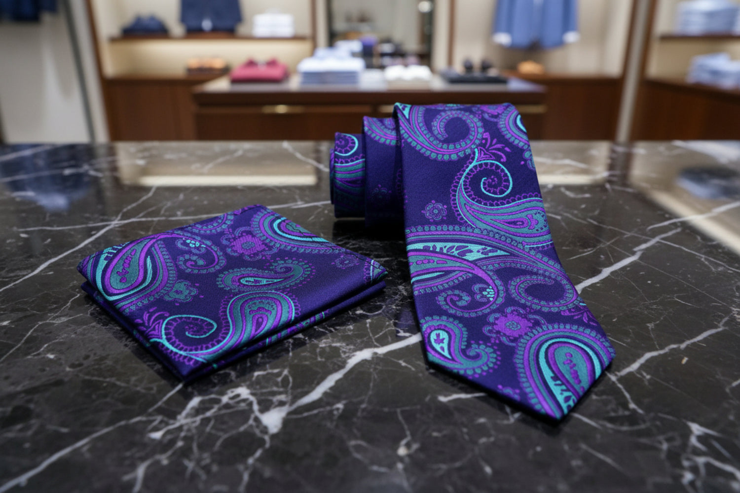 Alt View: A Purple, Teal Paisley Pattern Necktie, With Matching Pocket Square