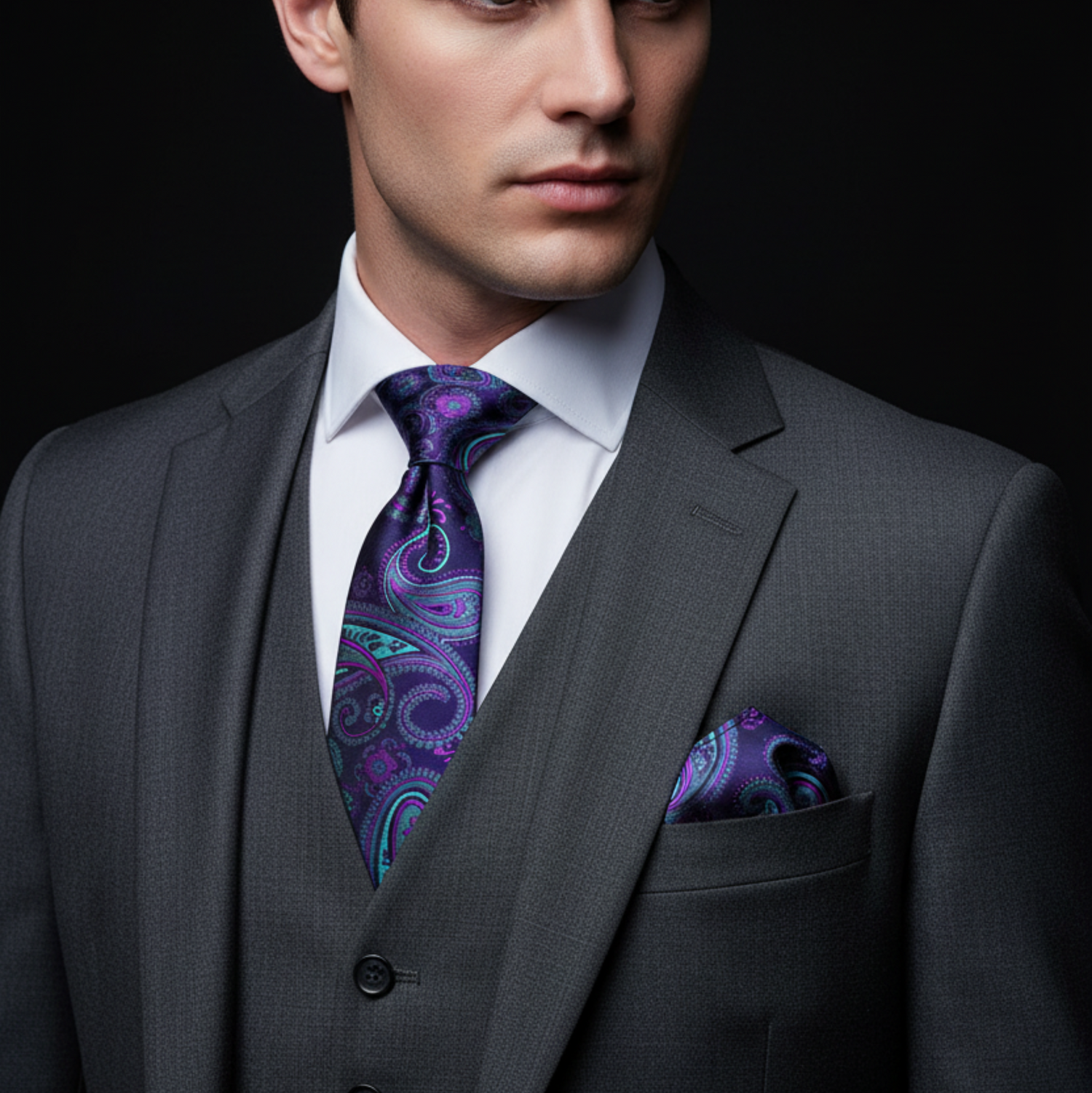 Man wearing a gray suit with a purple paisley tie and pocket square on a black background