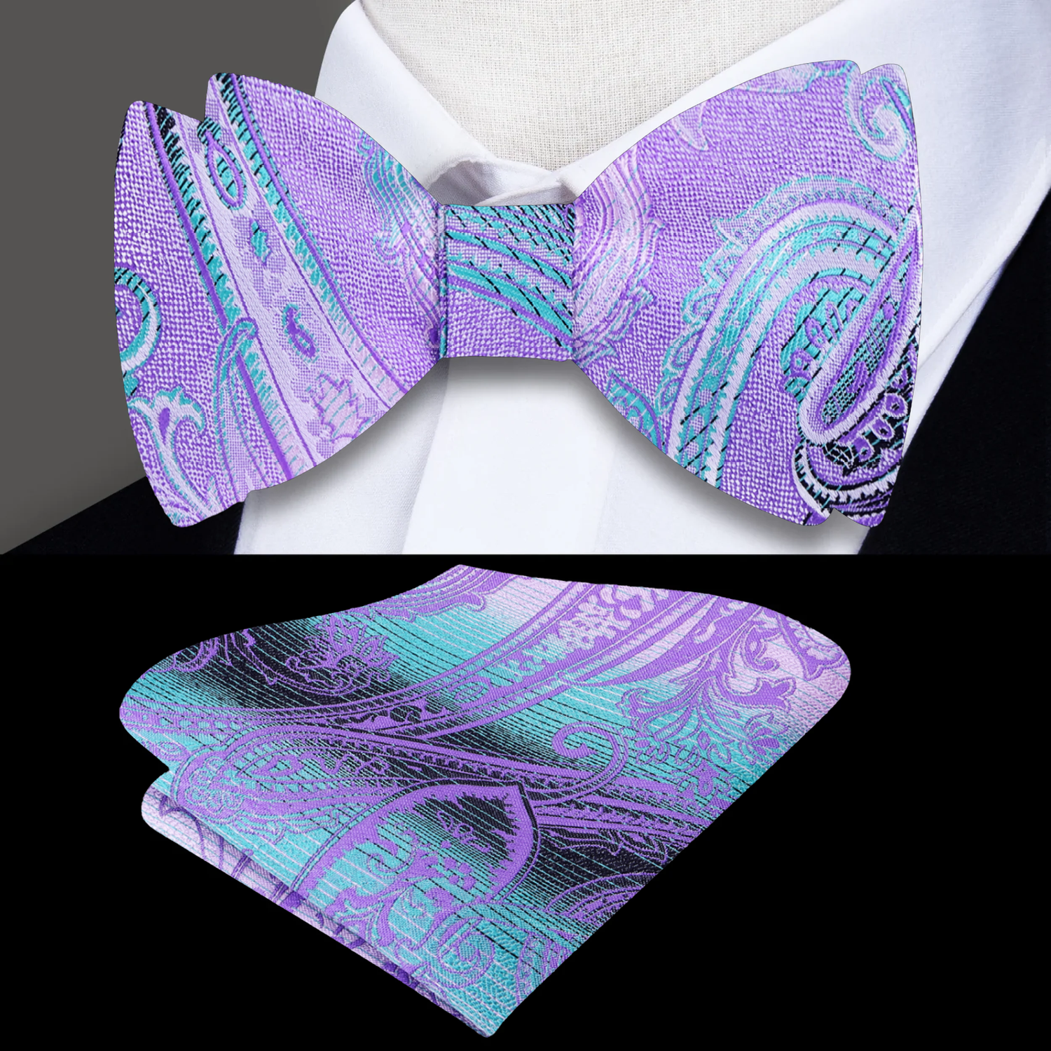 Purple and Light Blue Paisley Bow Tie and Pocket Square