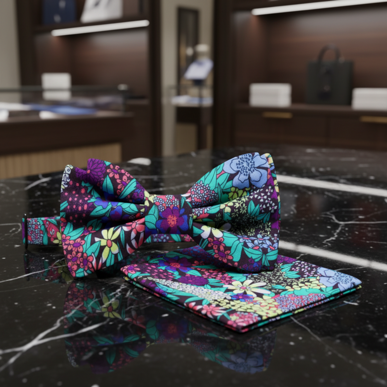 Purple Teal Flowers Bow Tie and Square