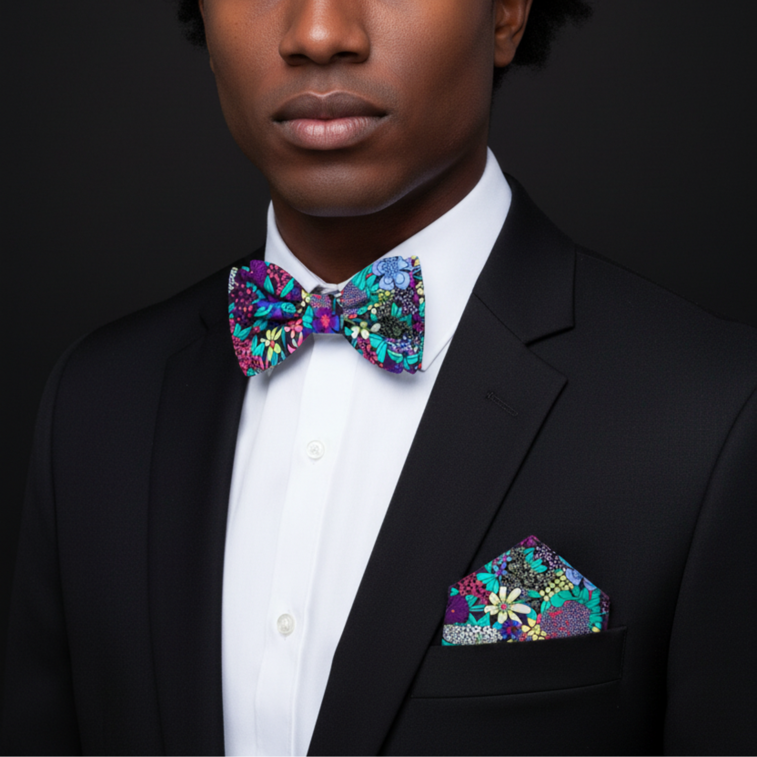 Man wearing a black suit with a colorful bow tie and pocket square against a dark background
