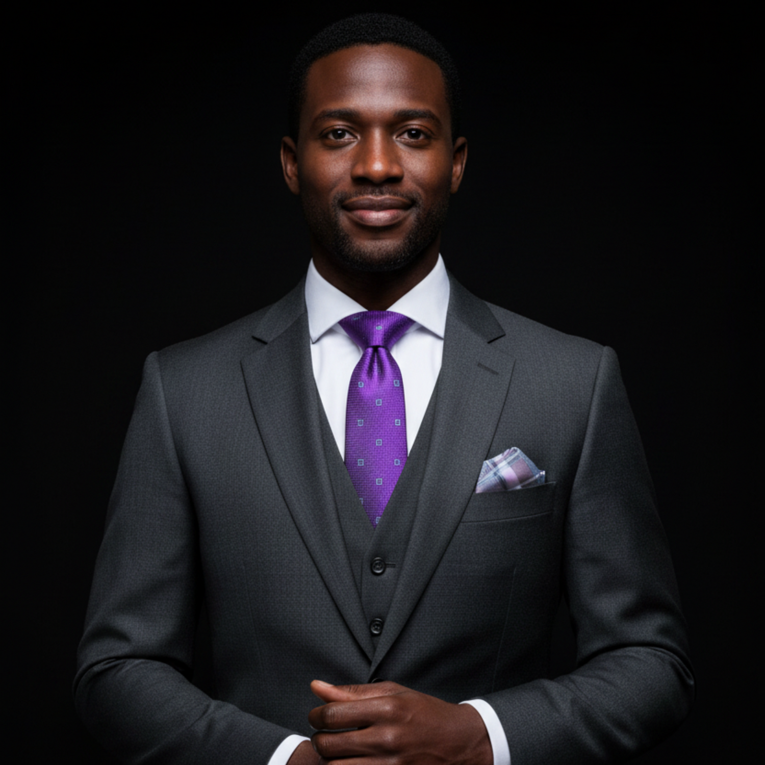 man wearing purple tie and square on suit