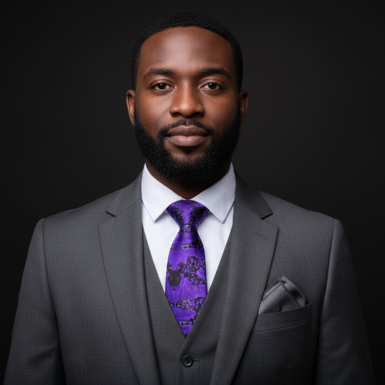 Man wearing a gray suit with a purple tie against a black background