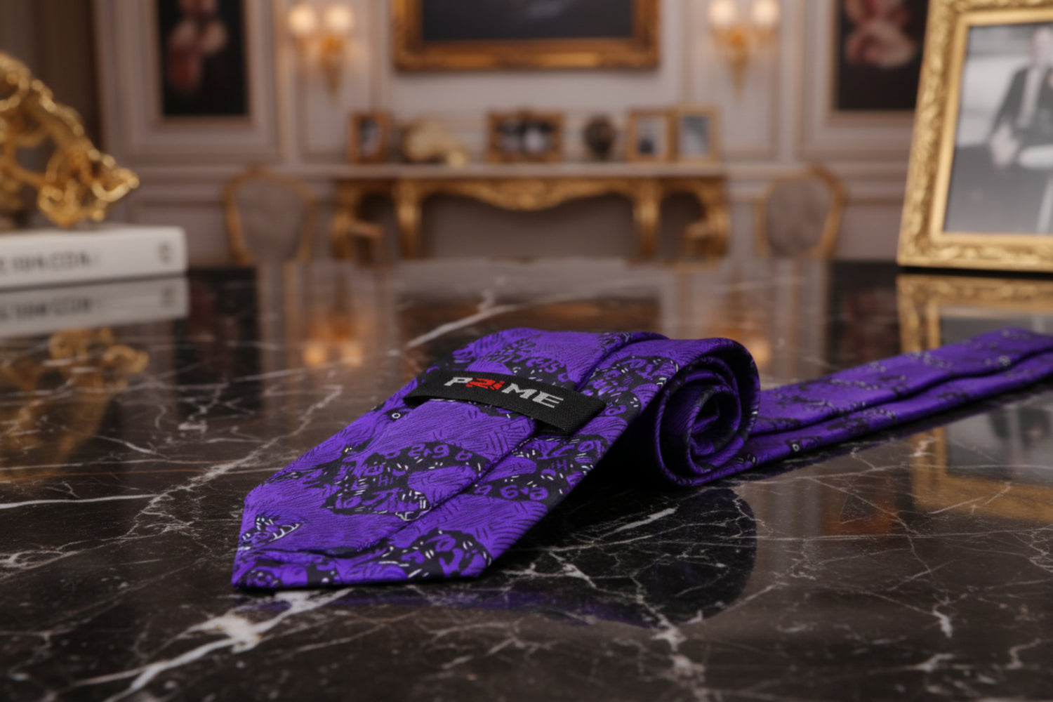 Purple tie with a brand label on a marble surface in an elegant room.