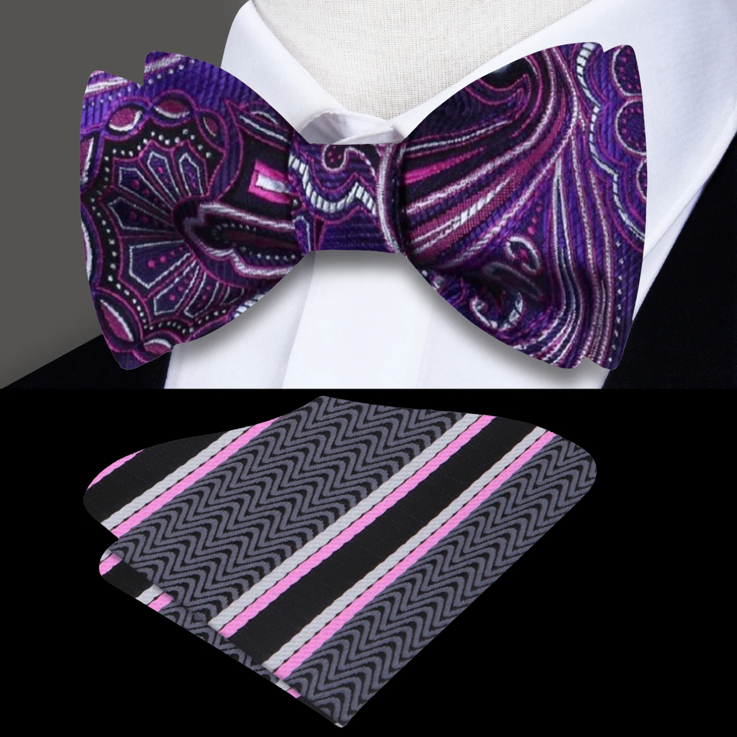 Shades of Purple Paisley Bow Tie and Pocket Square
