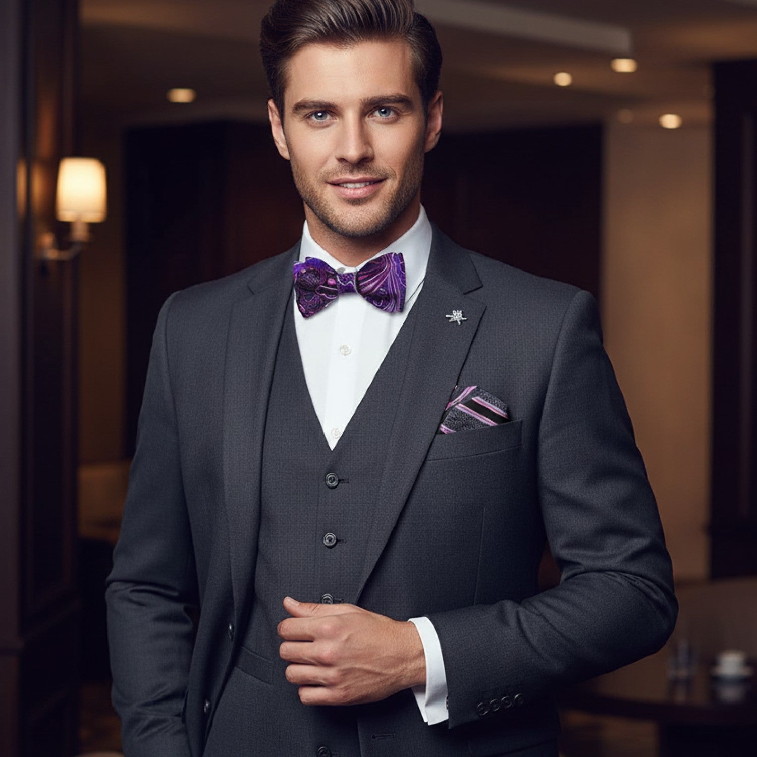 Man wearing a dark suit with a purple bow tie in an indoor setting