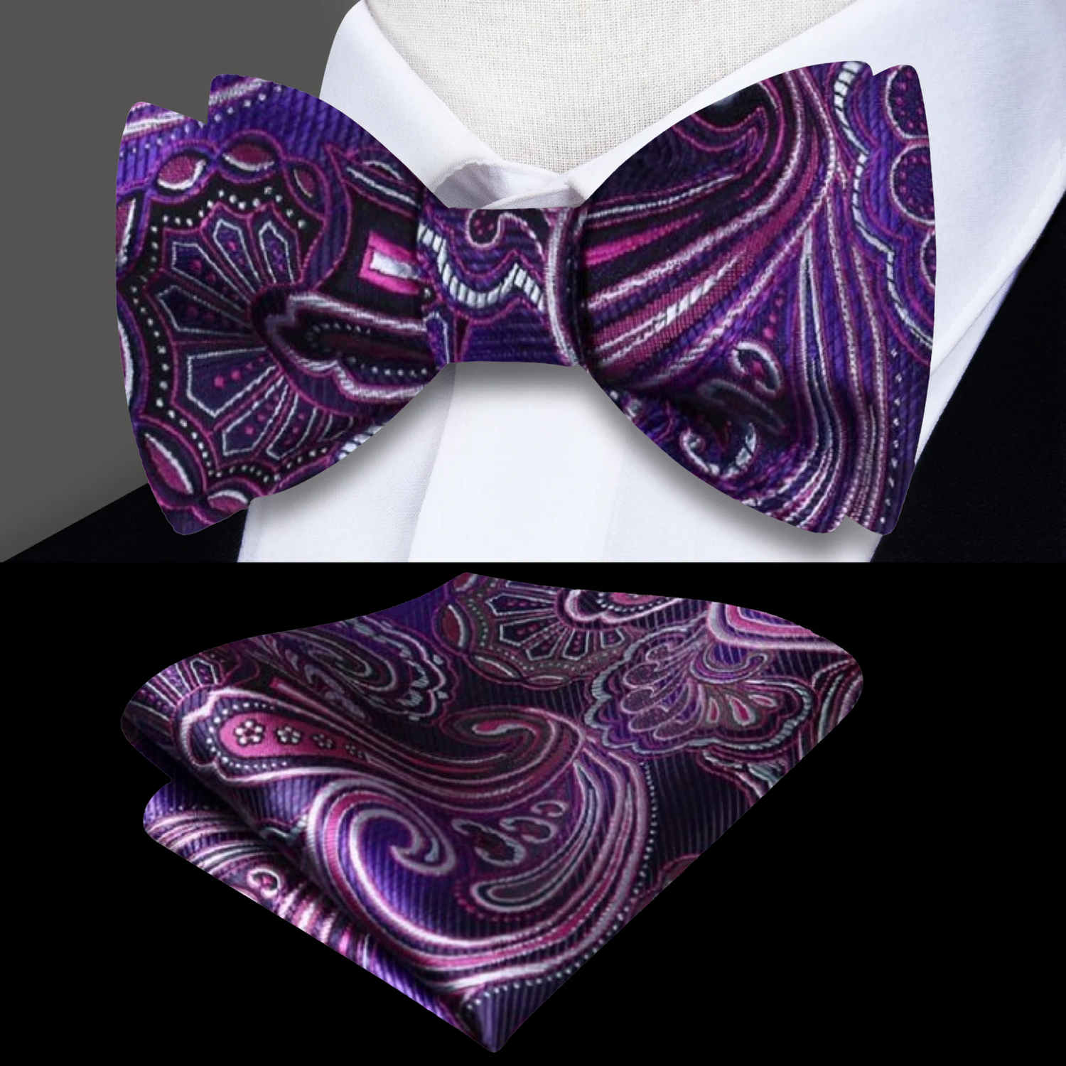 Main View: Shades of Purple Paisley Bow Tie and Pocket Square