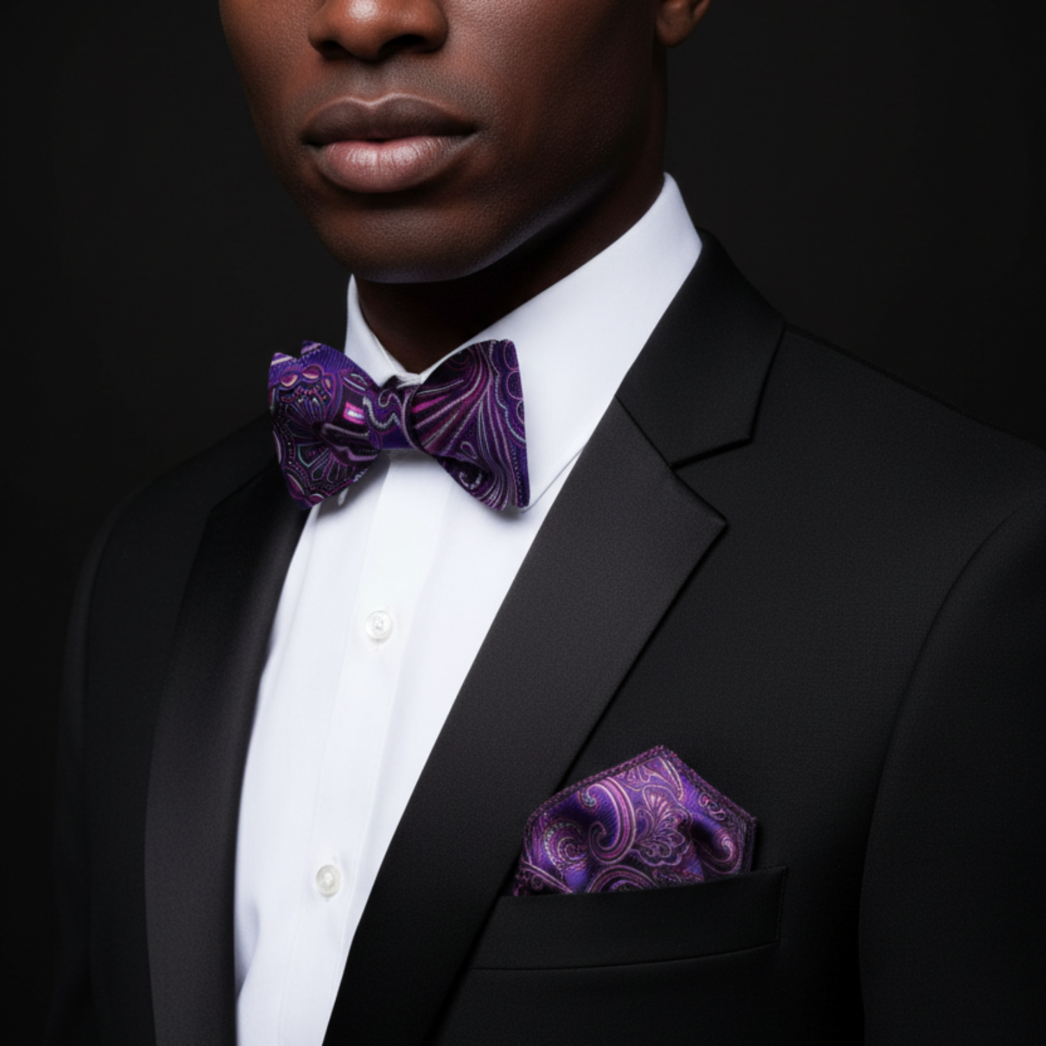 Man wearing black suit with purple paisley bow tie and square