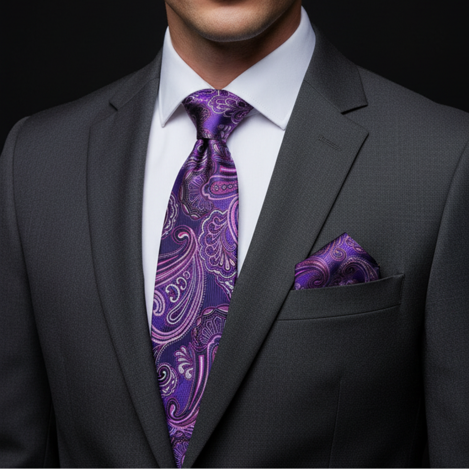 Man wearing a gray suit with a purple paisley tie and pocket square.