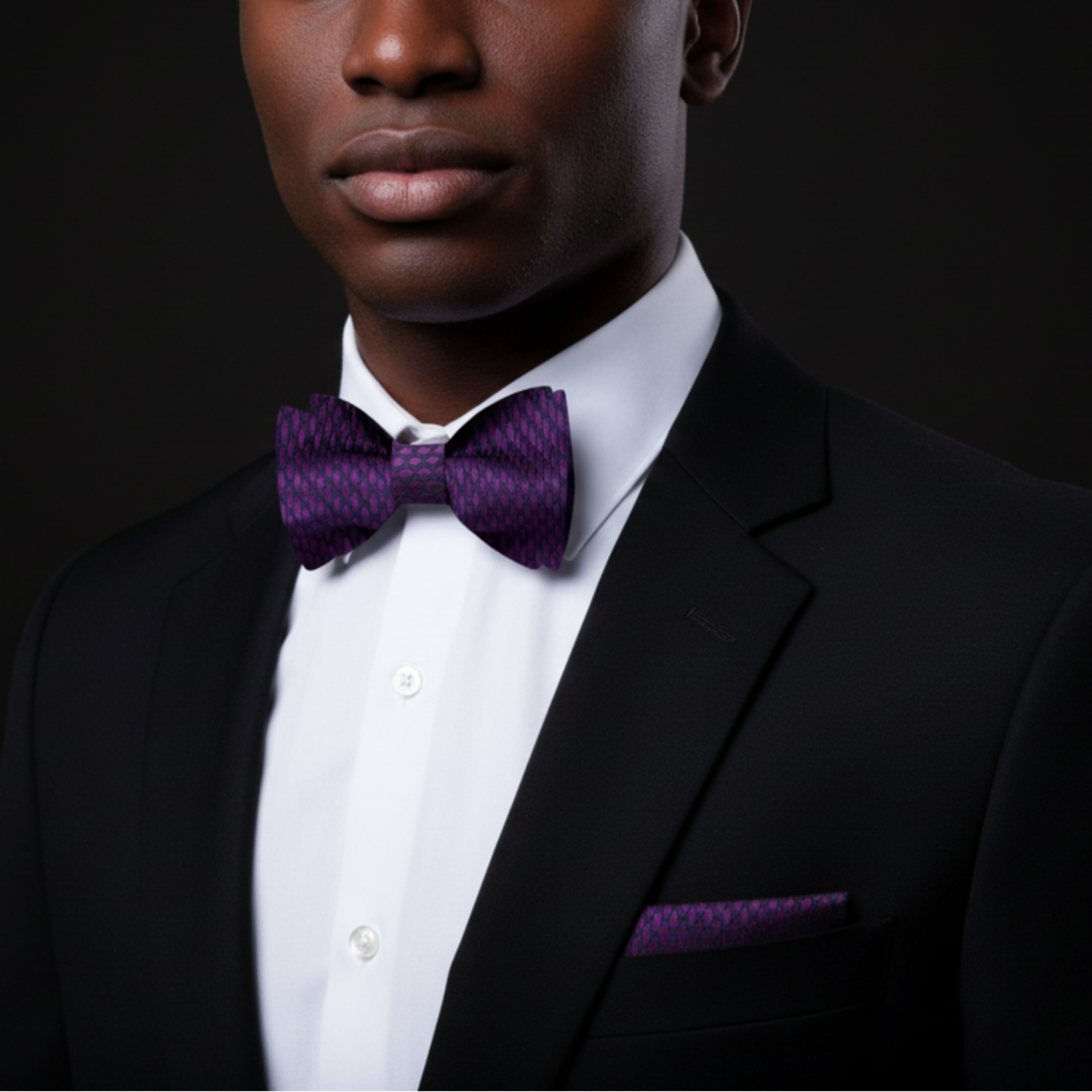 Man wearing a black suit with a purple bow tie and pocket square on a dark background