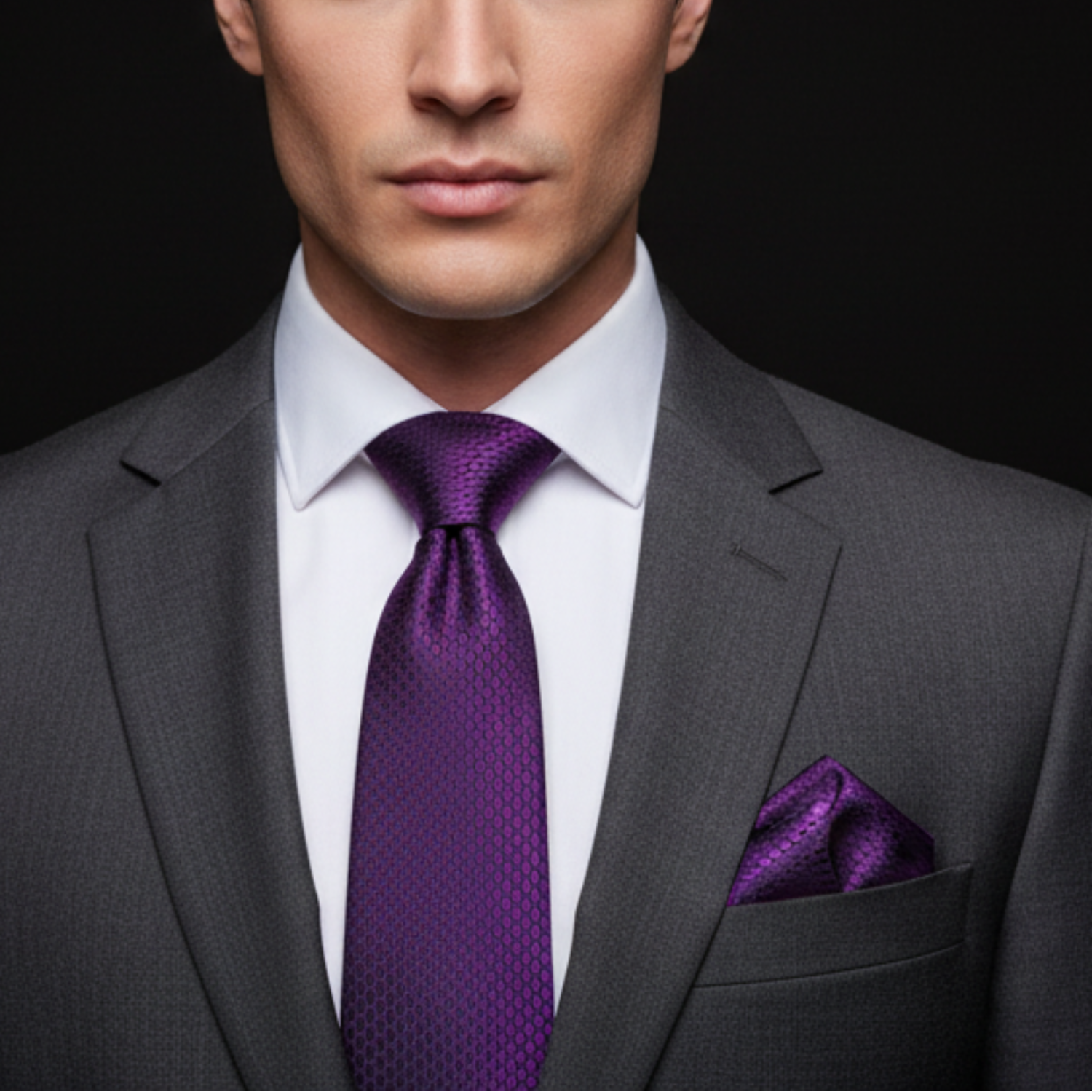 Man wearing a gray suit with a purple tie and pocket square on a black background