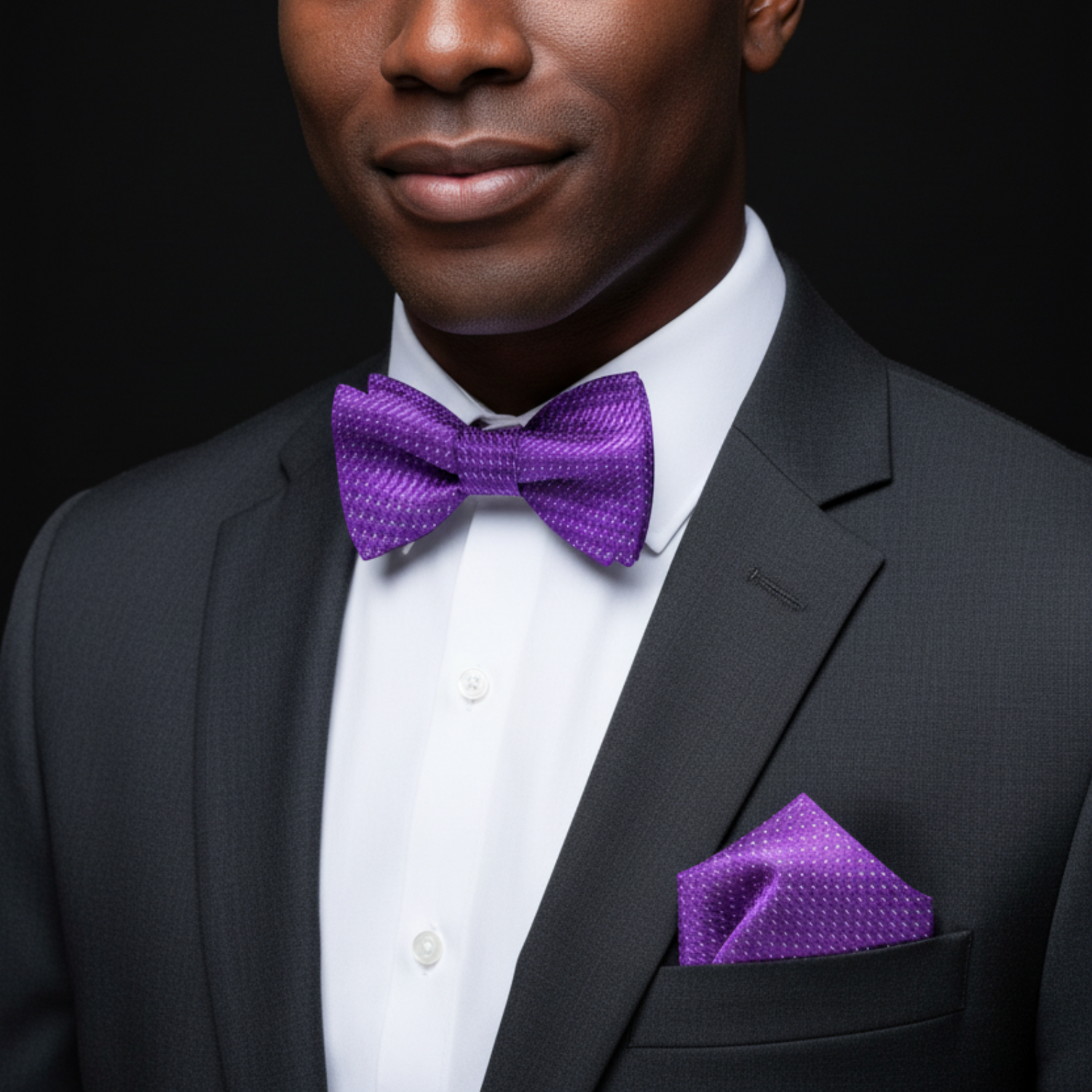 Man wearing a black suit with a purple bow tie and pocket square on a dark background