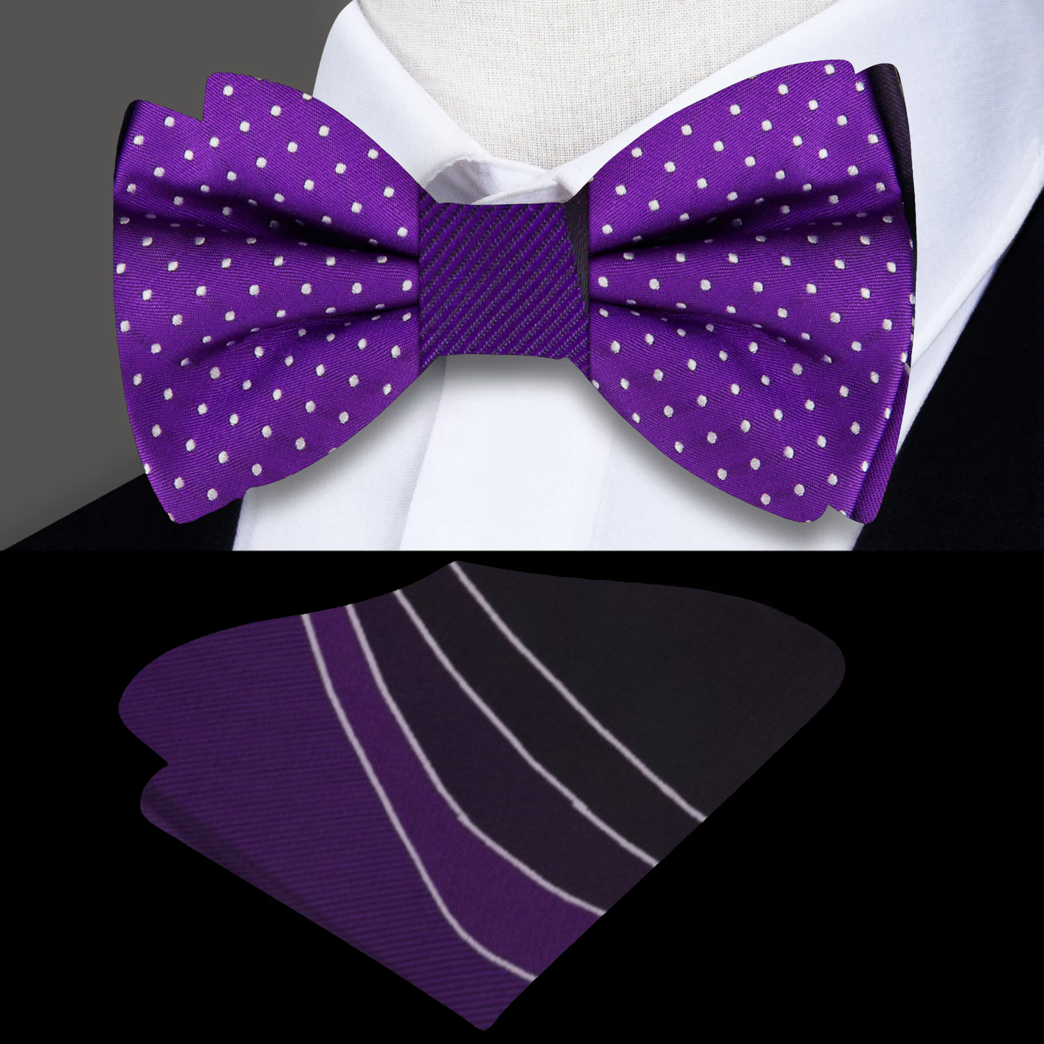 A double-sided bow tie with one side featuring abstract purple and white lines and the other side showcasing purple polka dots on a white background.