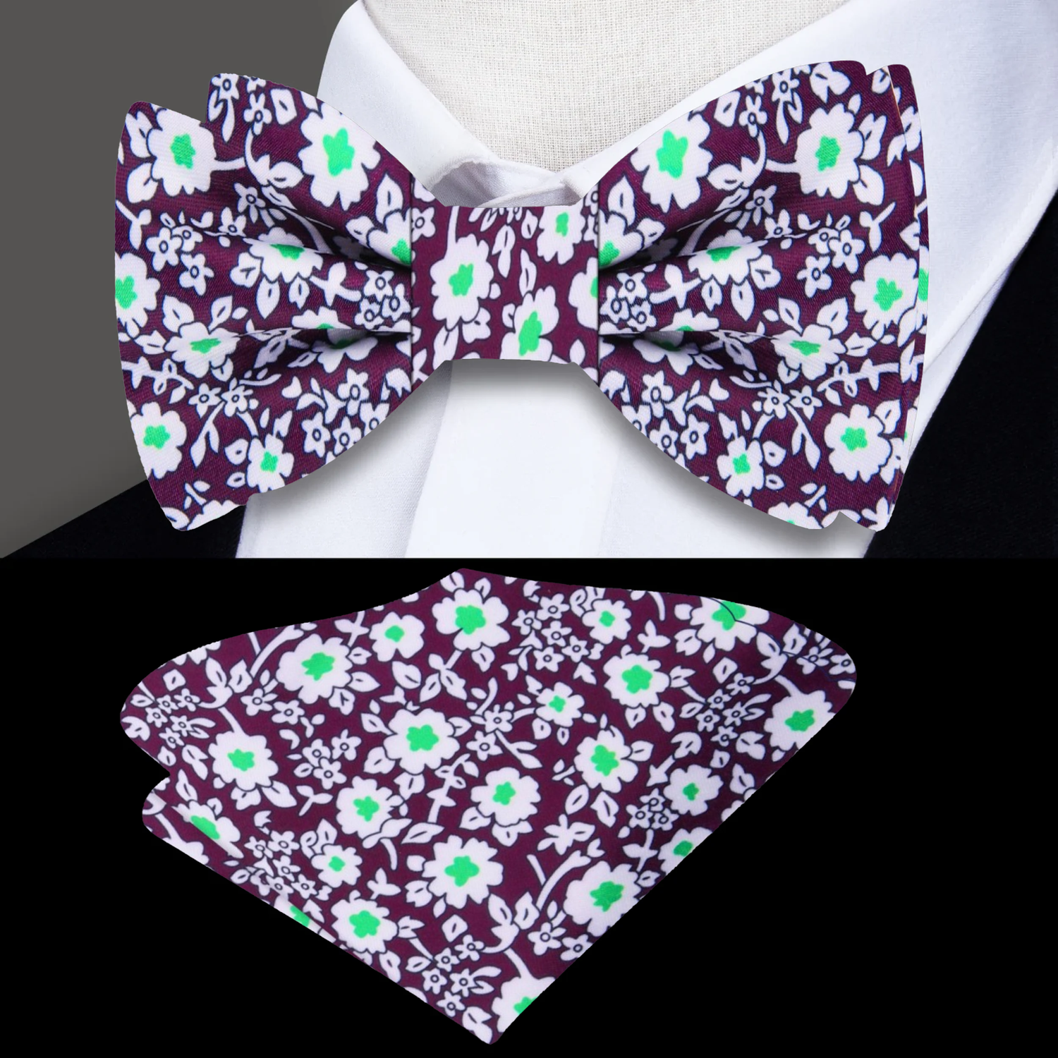 Deep Purple, White, Bright Green Small Flowers Bow Tie and Matching Square