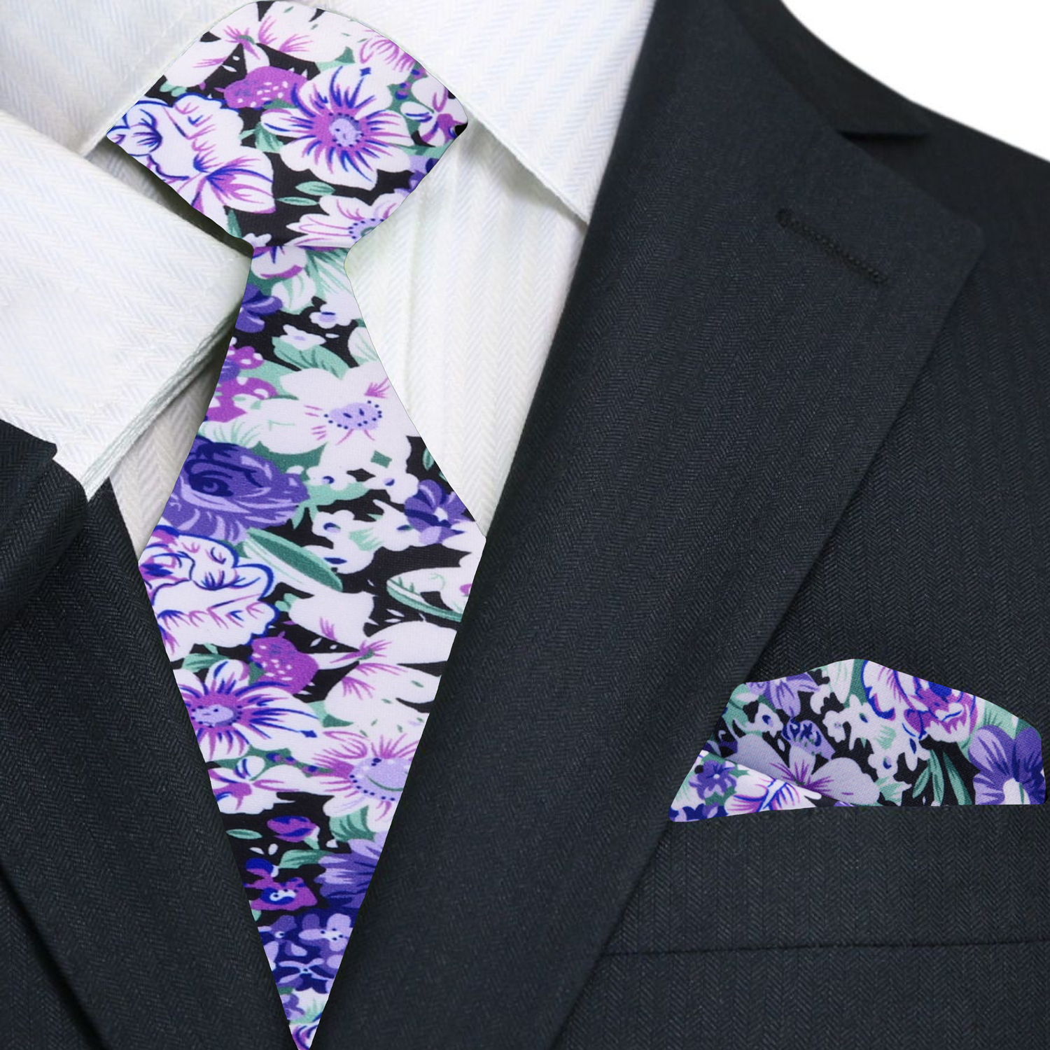 Purple, Green, White Flowers Tie and Matching Square