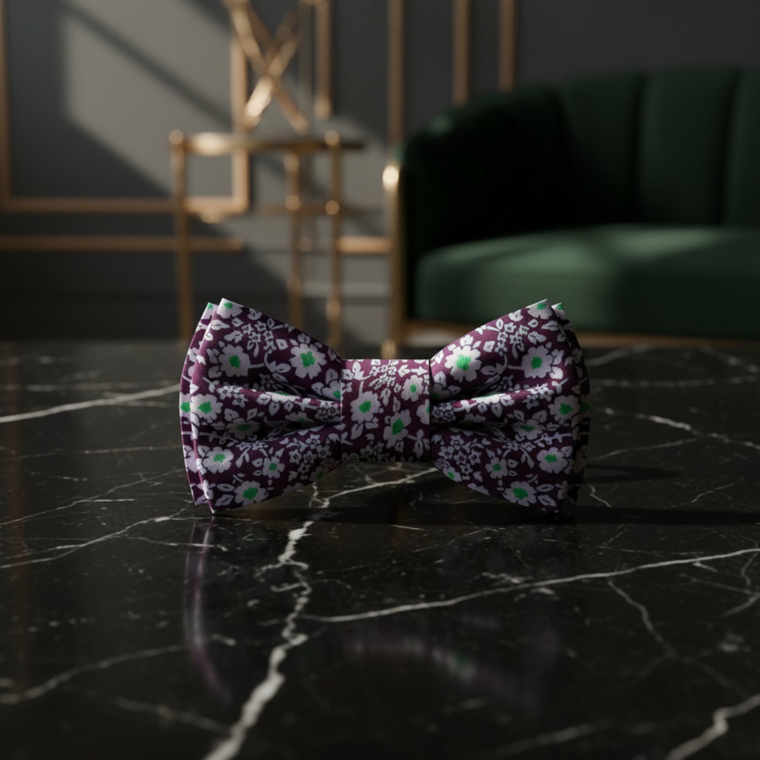 Deep Purple, White, Bright Green Small Flowers Bow Tie Pre Tied
