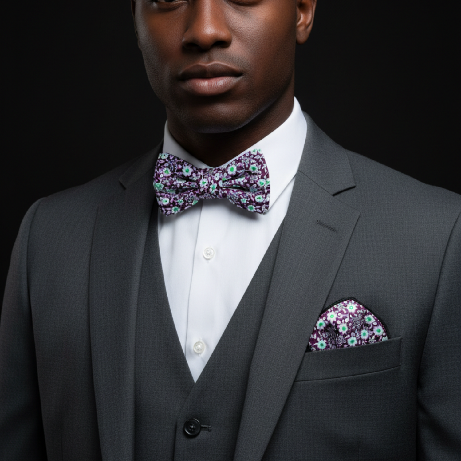 Man wearing a gray suit with a floral bow tie and pocket square on a black background