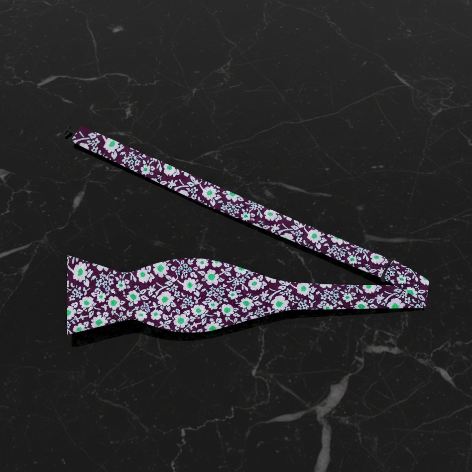 Deep Purple, White, Bright Green Small Flowers Bow Tie Self Tie