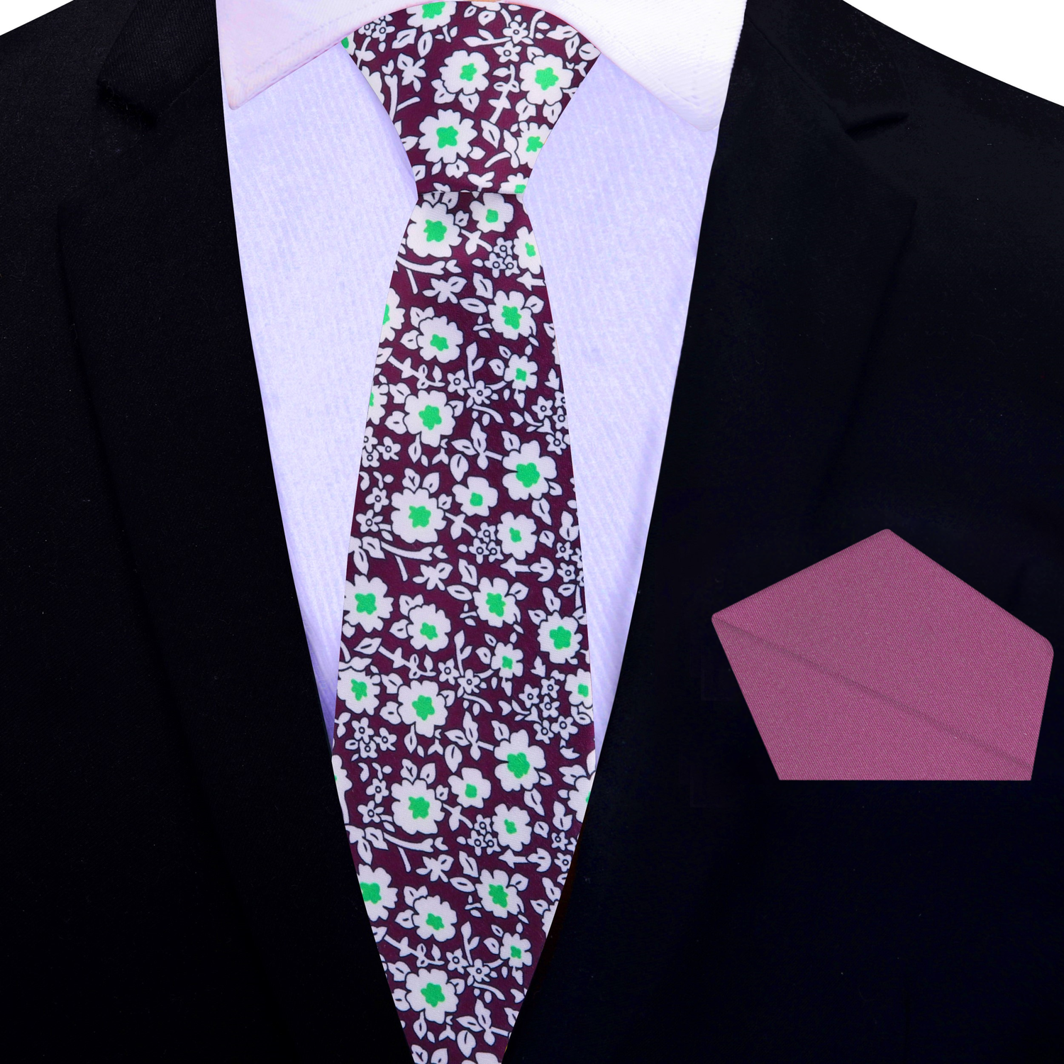 Thin Tie: Purple White Green Small Flowers Tie and Rich Purple Square 