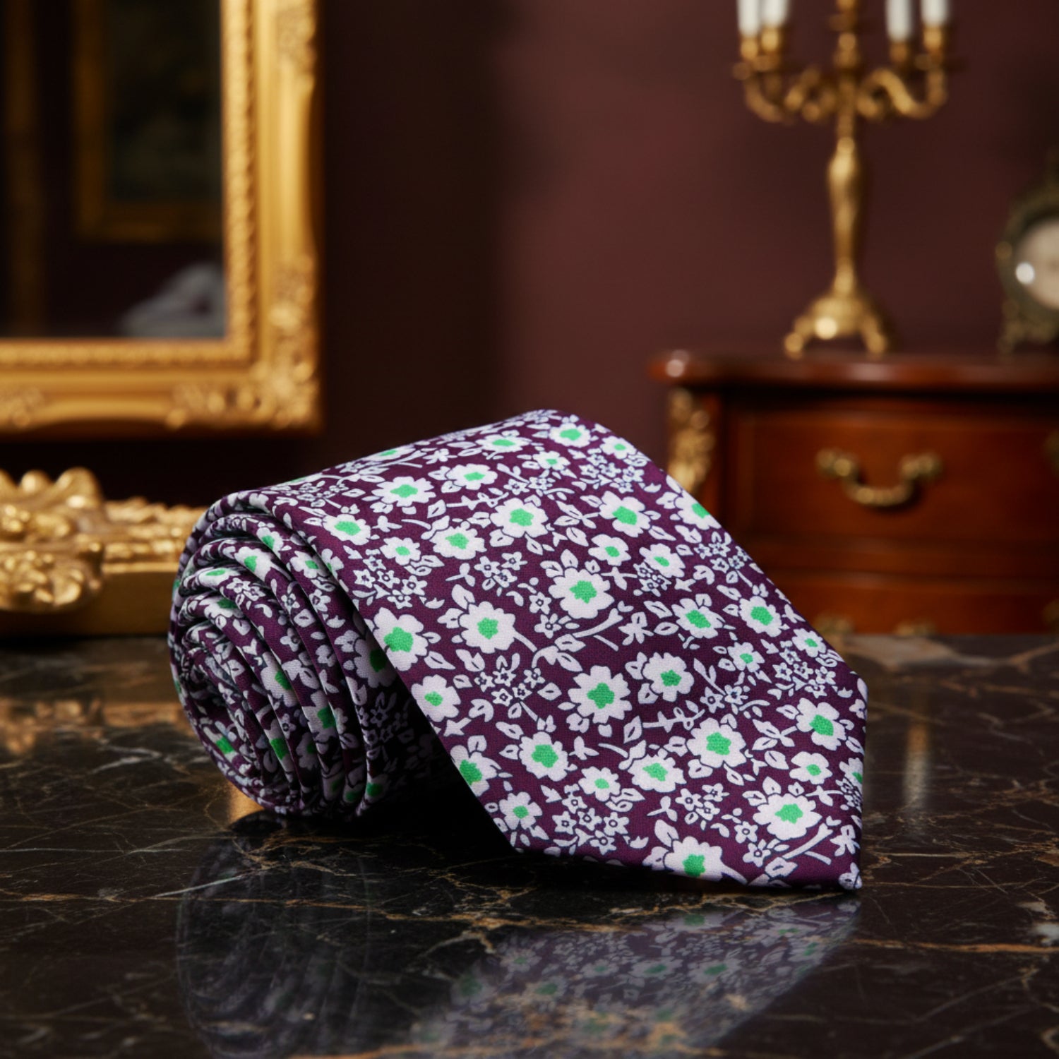 Purple White Green Small Flowers Tie   