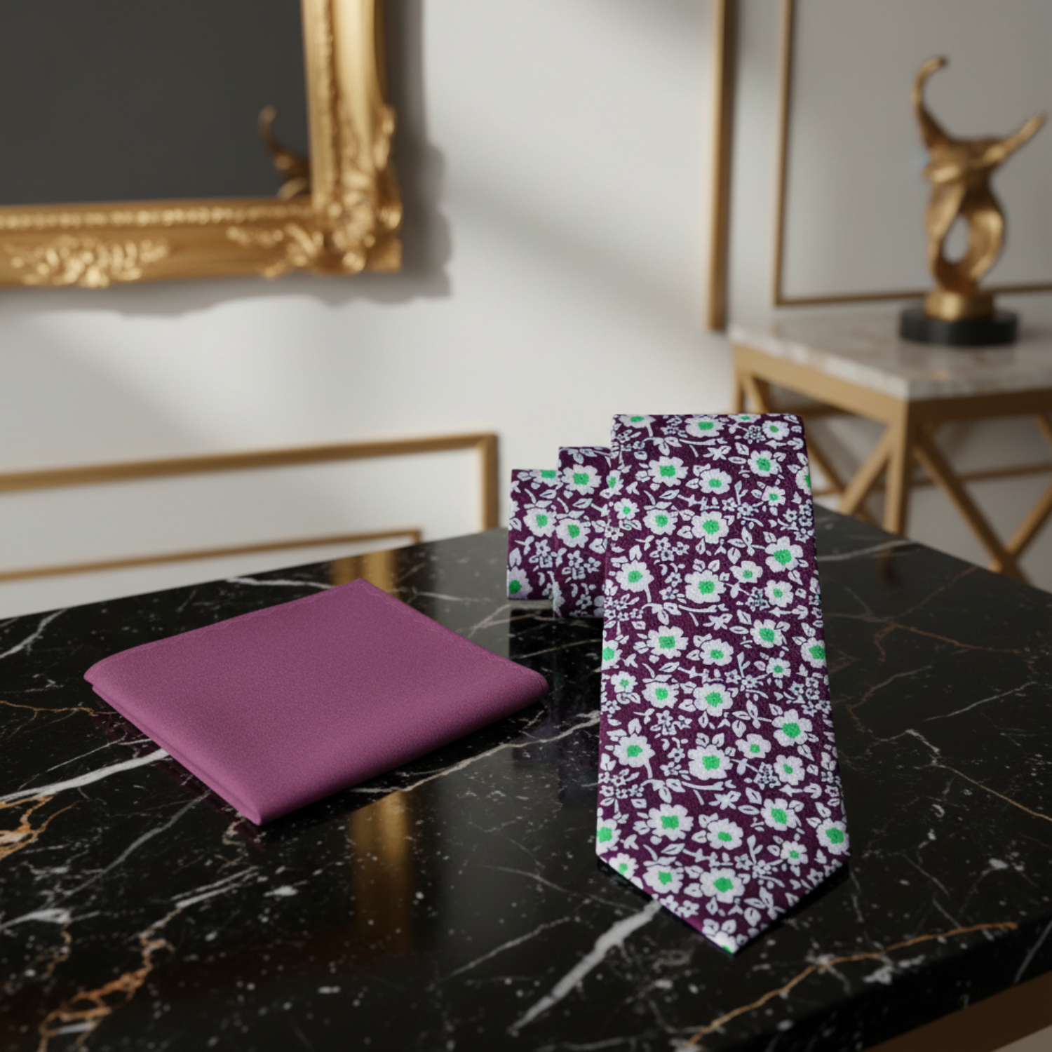 Alt View: Purple White Green Small Flowers Tie and Rich Purple Square 