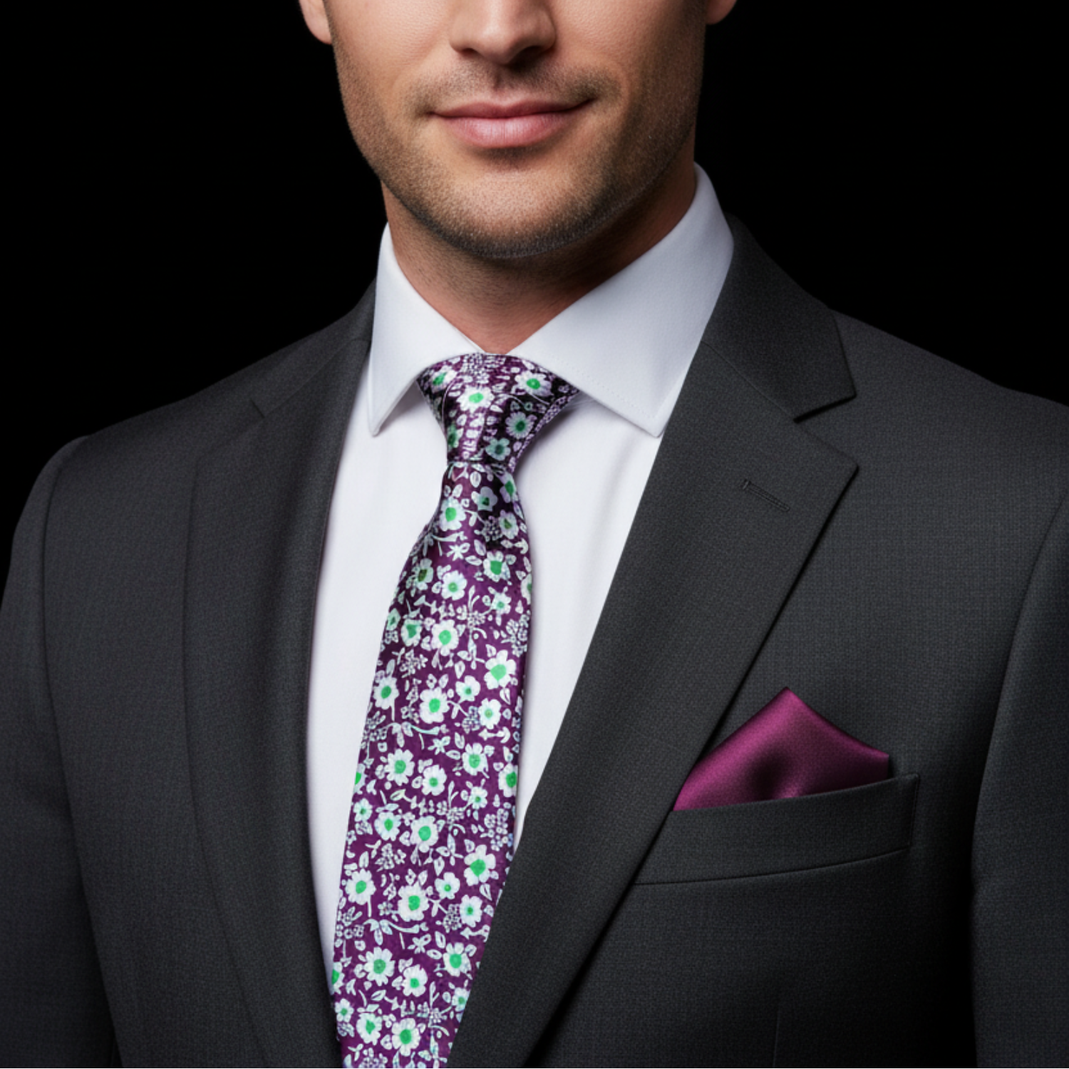 Man wearing a dark suit with a floral tie and pocket square on a black background