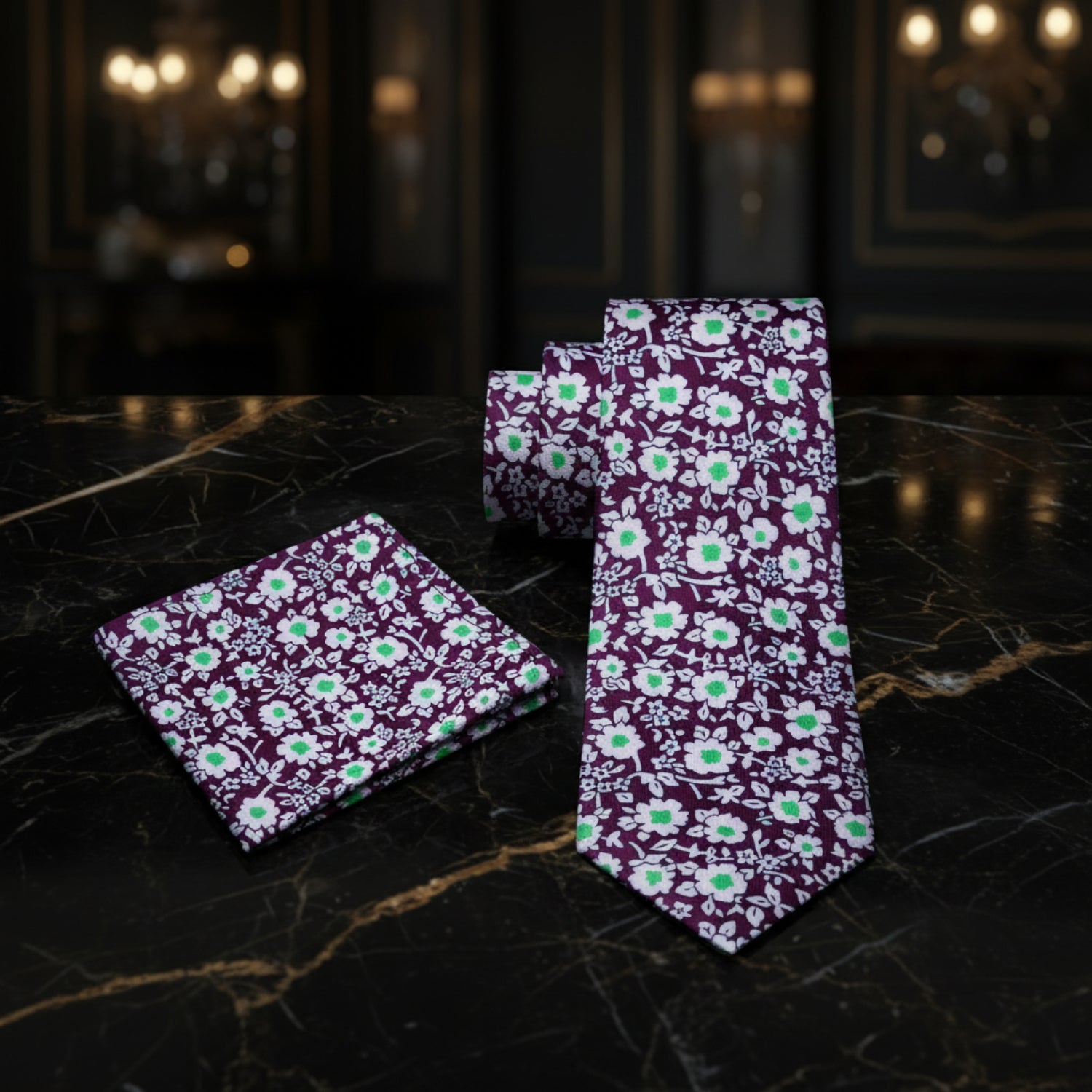 Alt View: Purple White Green Small Flowers Tie and Square
