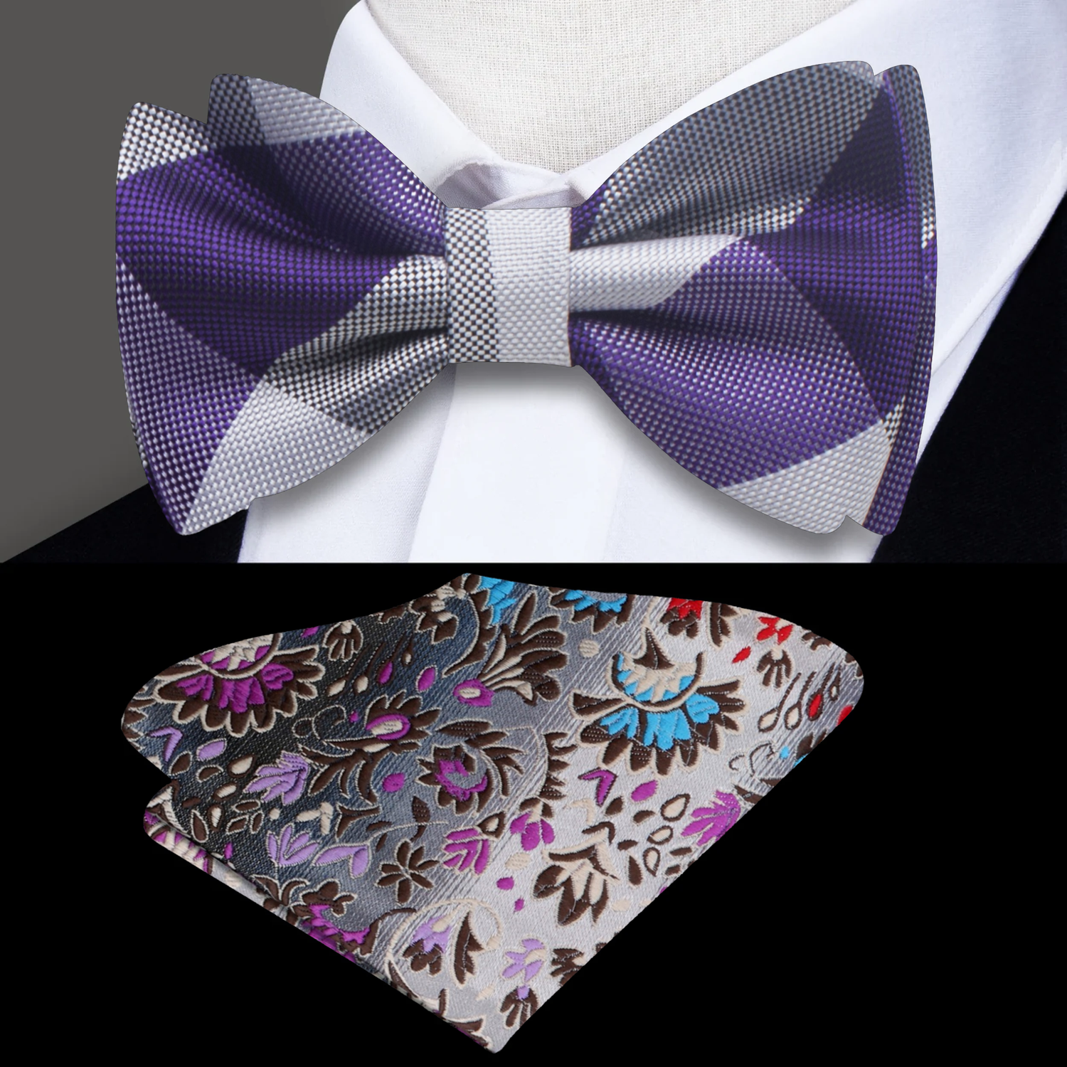 Grey, Purple Plaid Bow Tie and Accenting Square