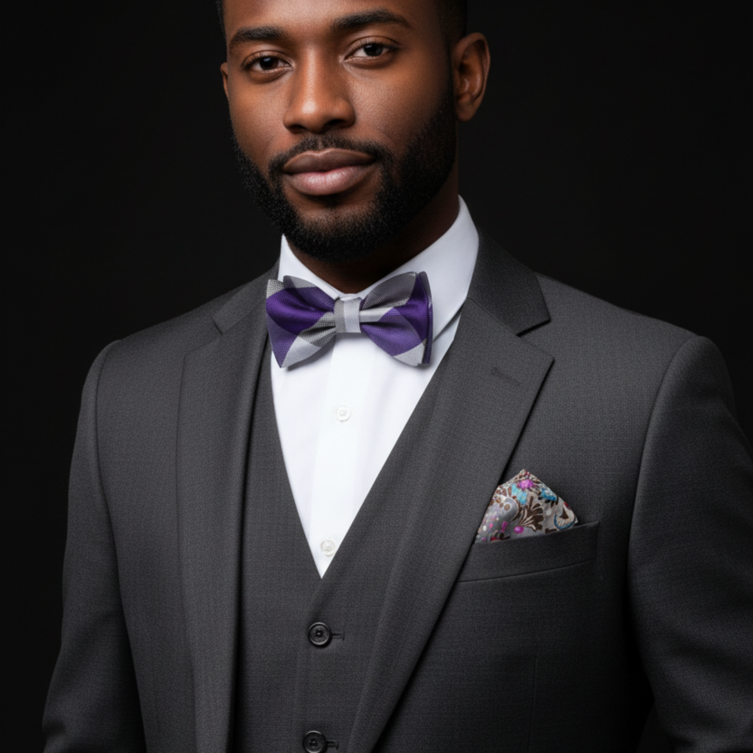 Man wearing a gray suit with a purple bow tie and floral pocket square on a black background