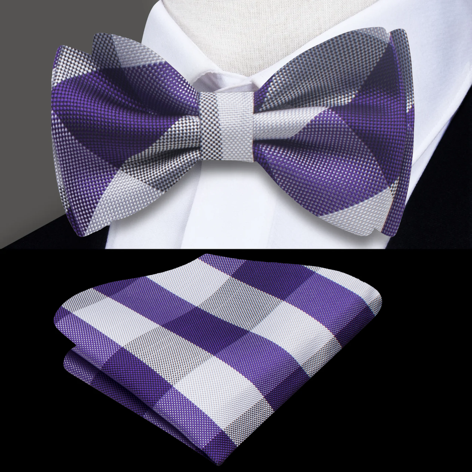Purple and White Plaid Bow Tie and Pocket Square