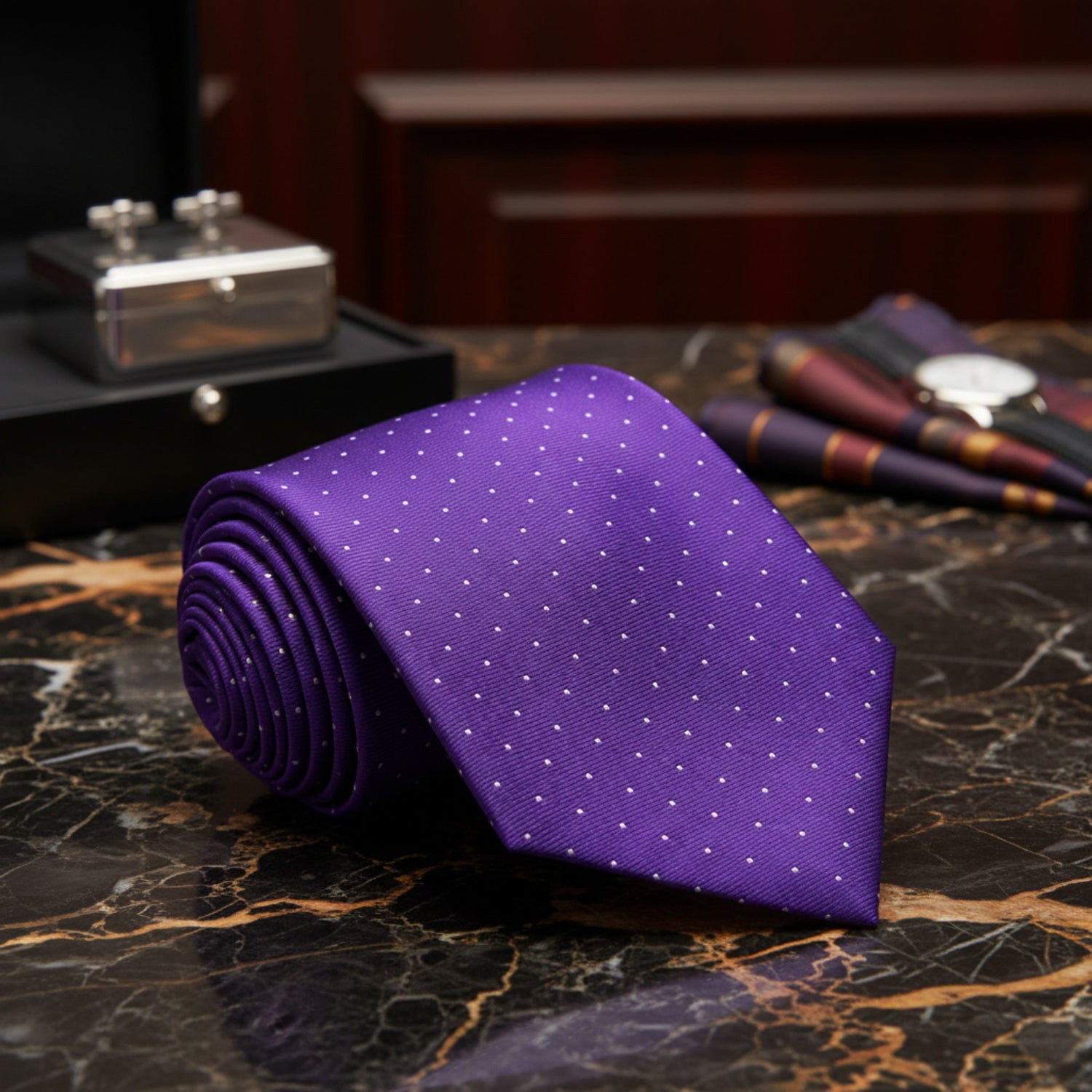 Purple and White Polka Necktie