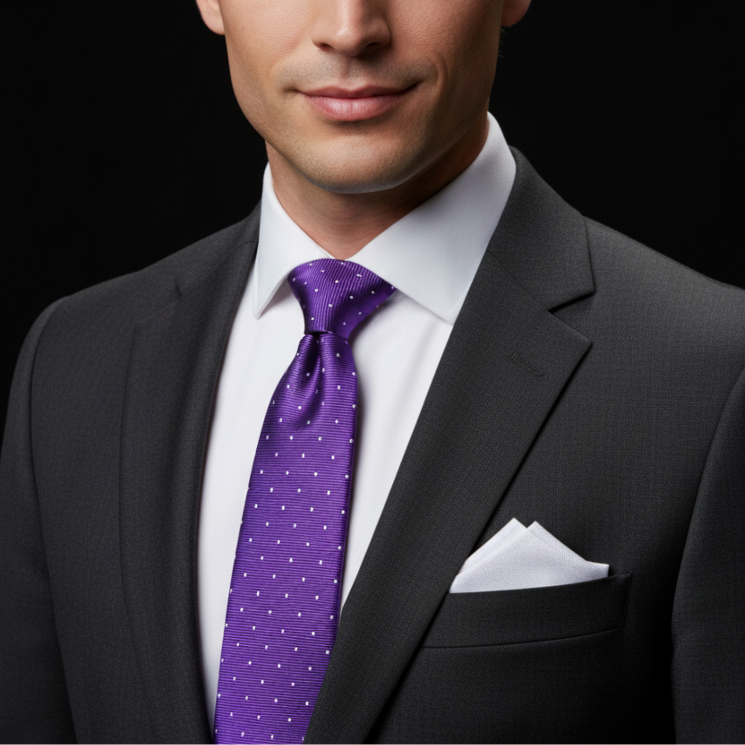 Man wearing a dark suit with a purple tie and white pocket square on a black background