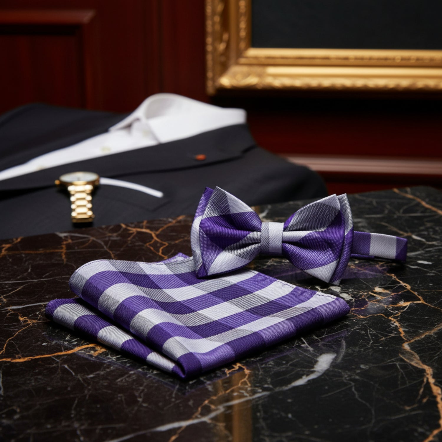 A matching men's accessory set featuring a pre-tied bow tie and a folded pocket square, both in a purple and white checkered pattern with a subtle textured weave.