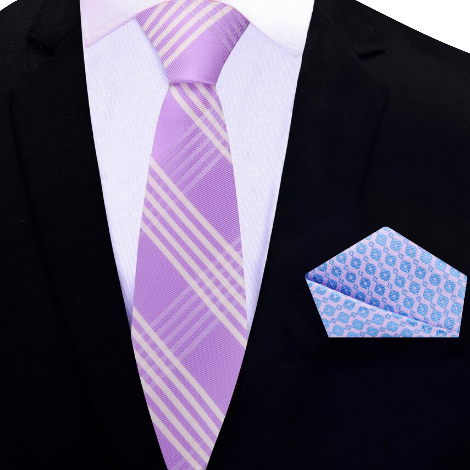 Thin Light Purple, Ghost White Plaid Tie and Accenting Pocket Square